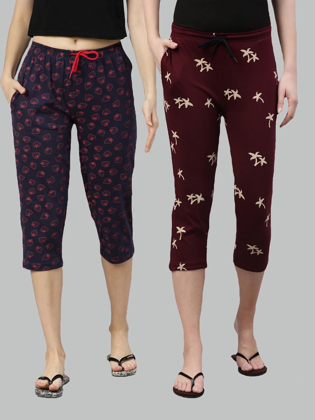 Kryptic Women Set Of 2 Navy Blue & Maroon Regular Fit Printed Cotton Lounge Capris Price in India