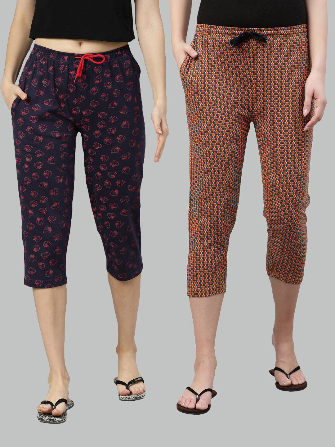 Kryptic Women Navy Blue & Brown Set Of 2 Printed Cotton Lounge Capris Price in India