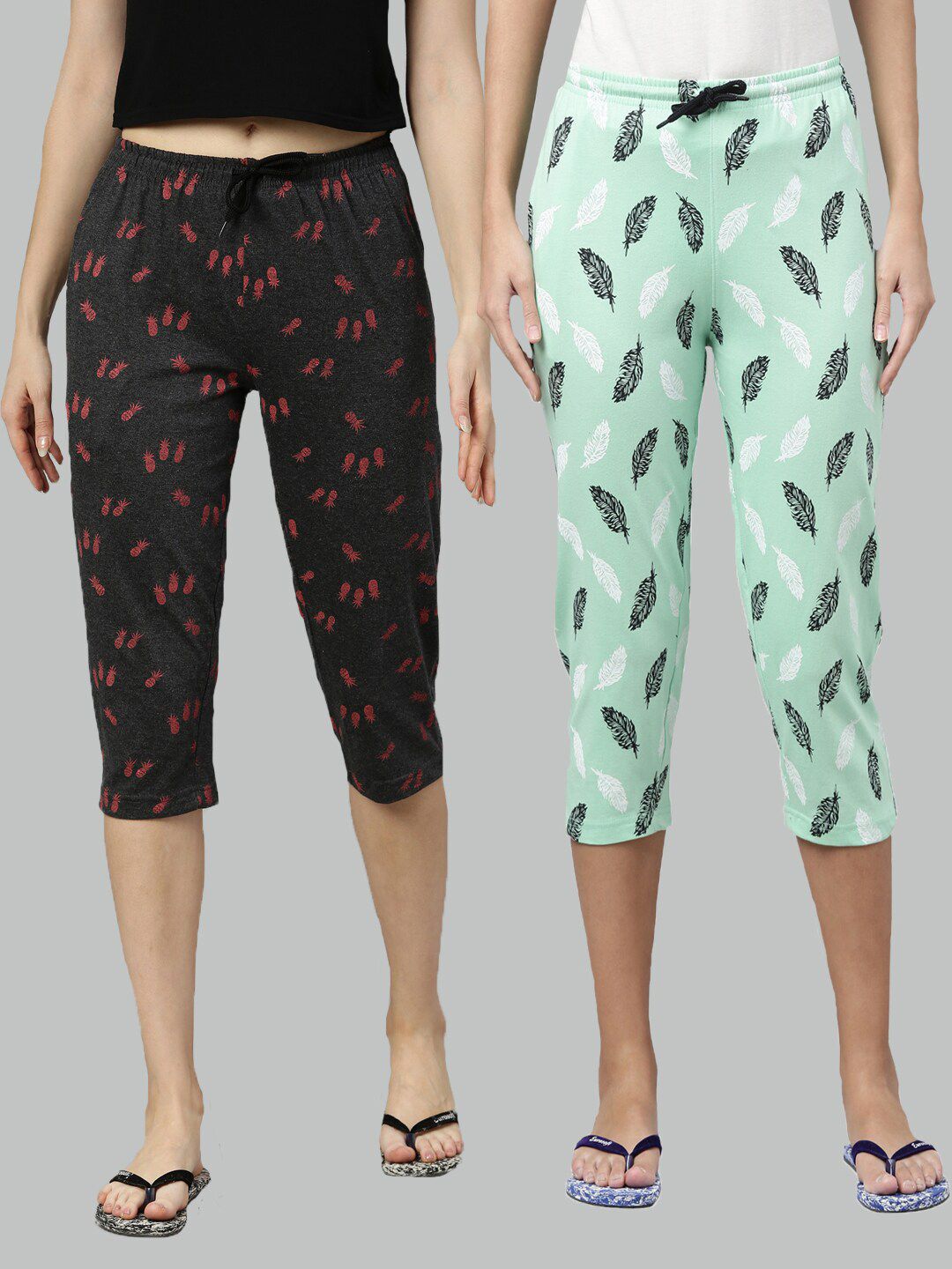 Kryptic Women Grey & Green Pack Of 2 Printed Lounge Capris Price in India