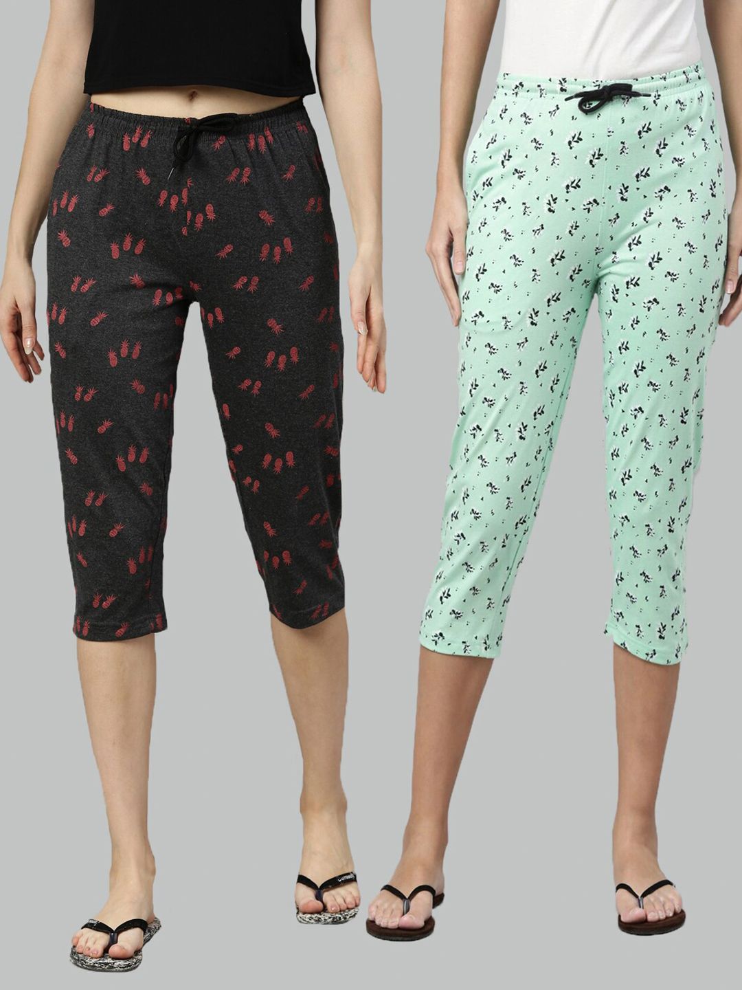 Kryptic Women Pack of 2 Charcoal Grey & Sea Green Printed Pure Cotton Lounge Capris Price in India