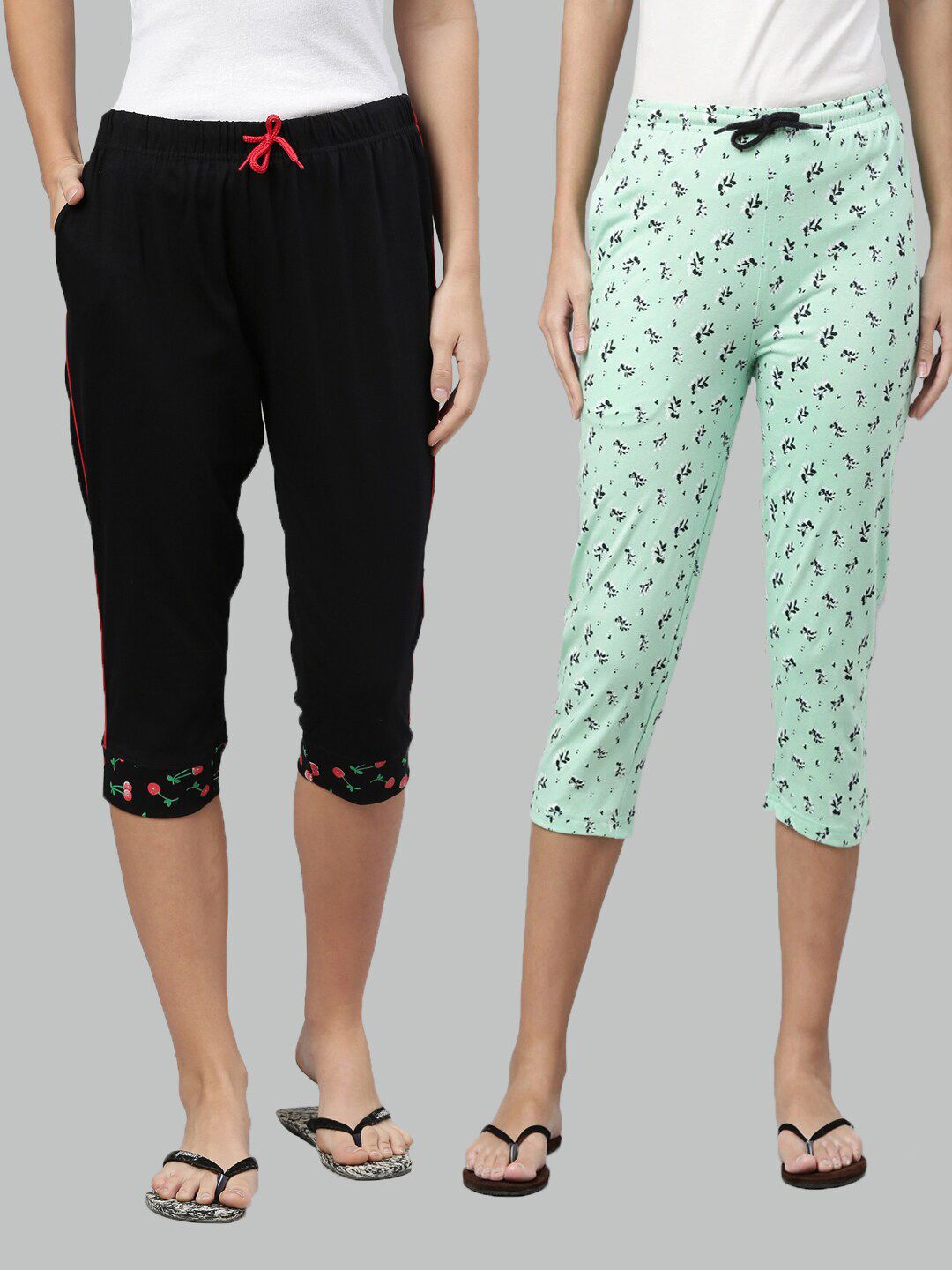 Kryptic Women Pack Of 2 Black & Green Printed Cotton Lounge Capris Price in India