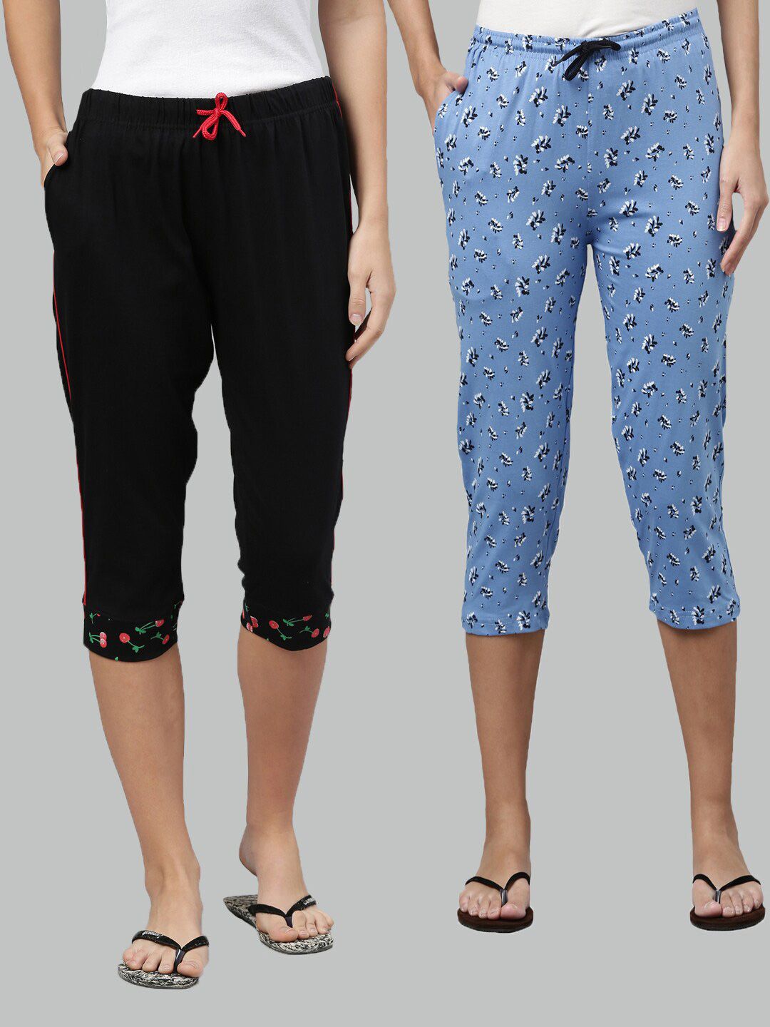 Kryptic Set Of 2 Women Black & Blue Regular Fit Printed Cotton Lounge Capris Price in India