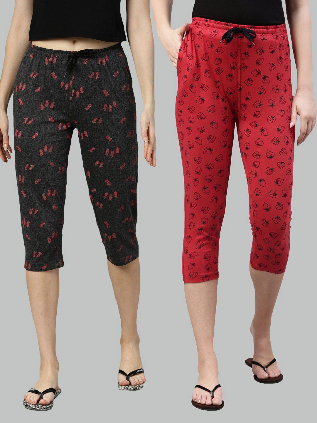 Kryptic Women Pack Of 2 Grey & Red Printed Cotton Lounge Capris Price in India