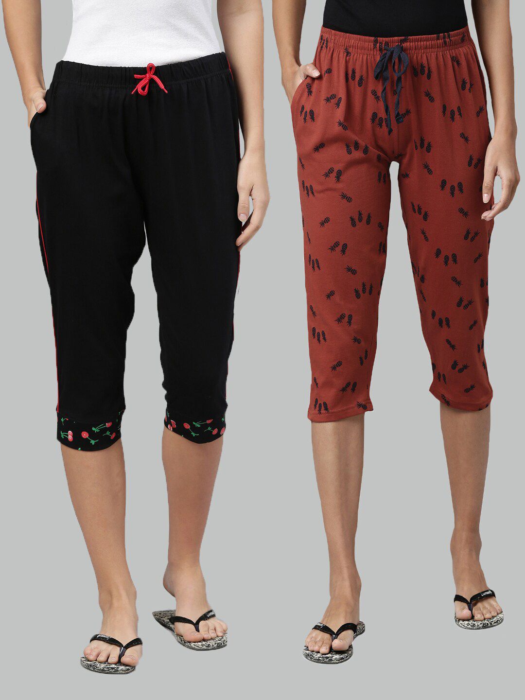 Kryptic Women Rust & Black Set Of 2 Printed Cotton Lounge Capris Price in India