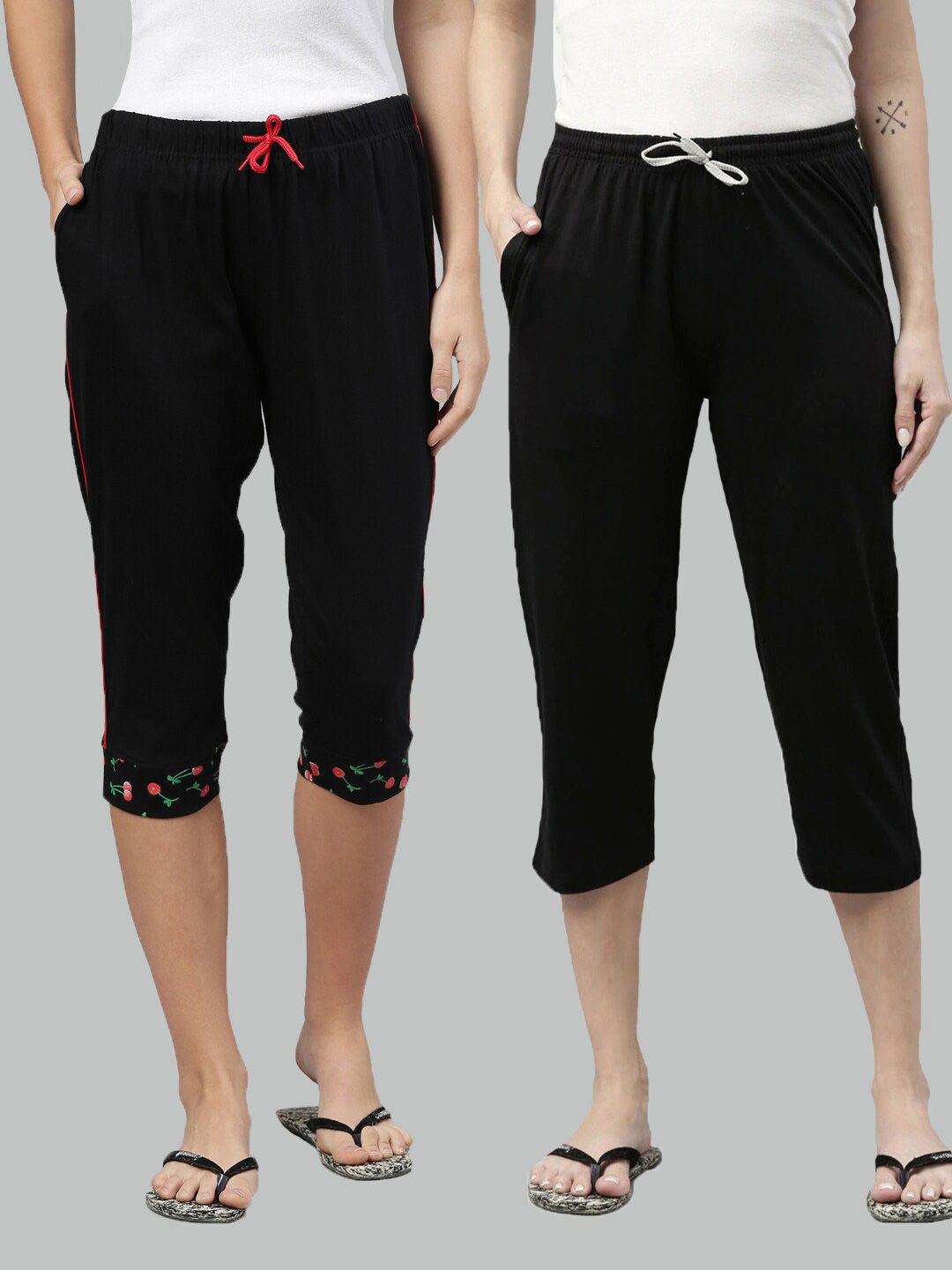 Kryptic Women Pack of 2 Black & Red Printed Pure Cotton Lounge Capris Price in India