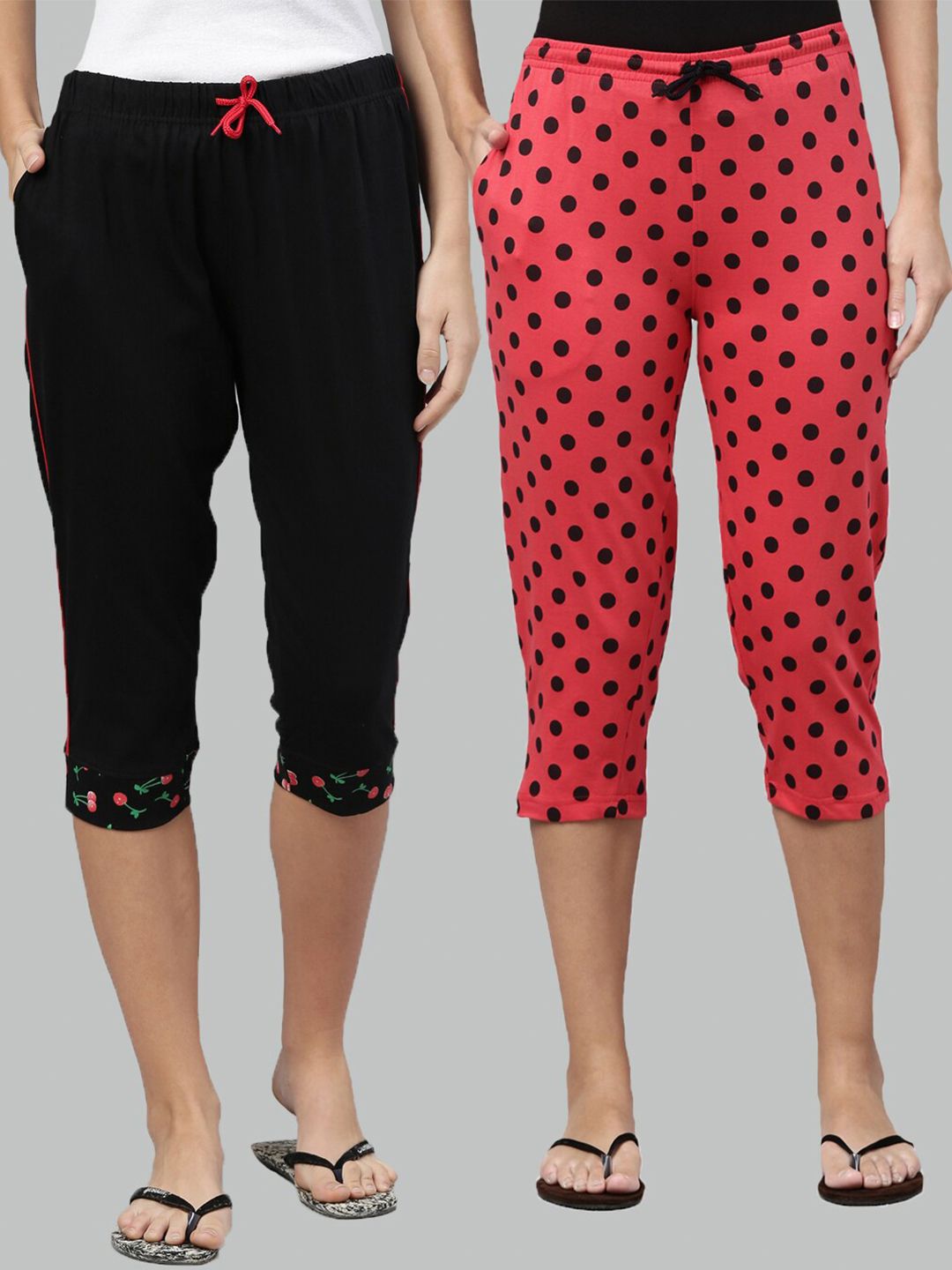 Kryptic Women Pack Of 2 Black & Pink Printed Cotton Lounge Capris Price in India