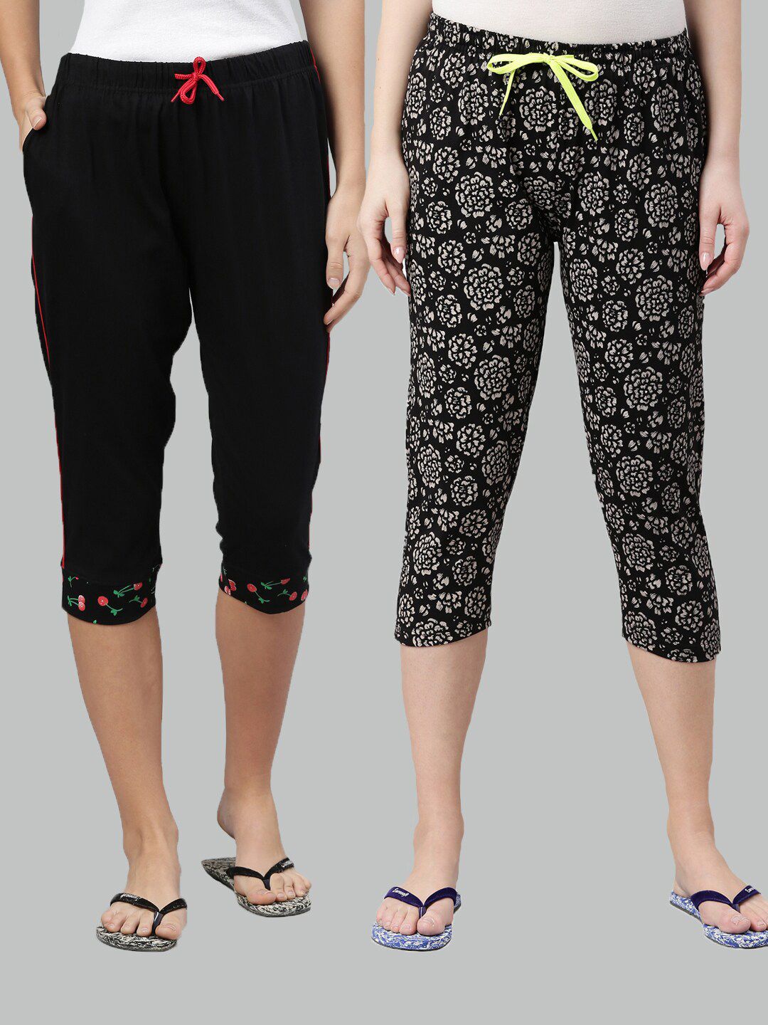 Kryptic Women Black & White Pack Of 2 Printed Lounge Pure Cotton Capris Price in India