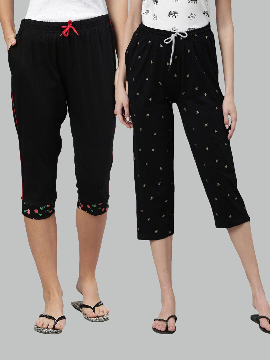 Kryptic Women Black Set Of 2 Printed Cotton Lounge Capris Price in India