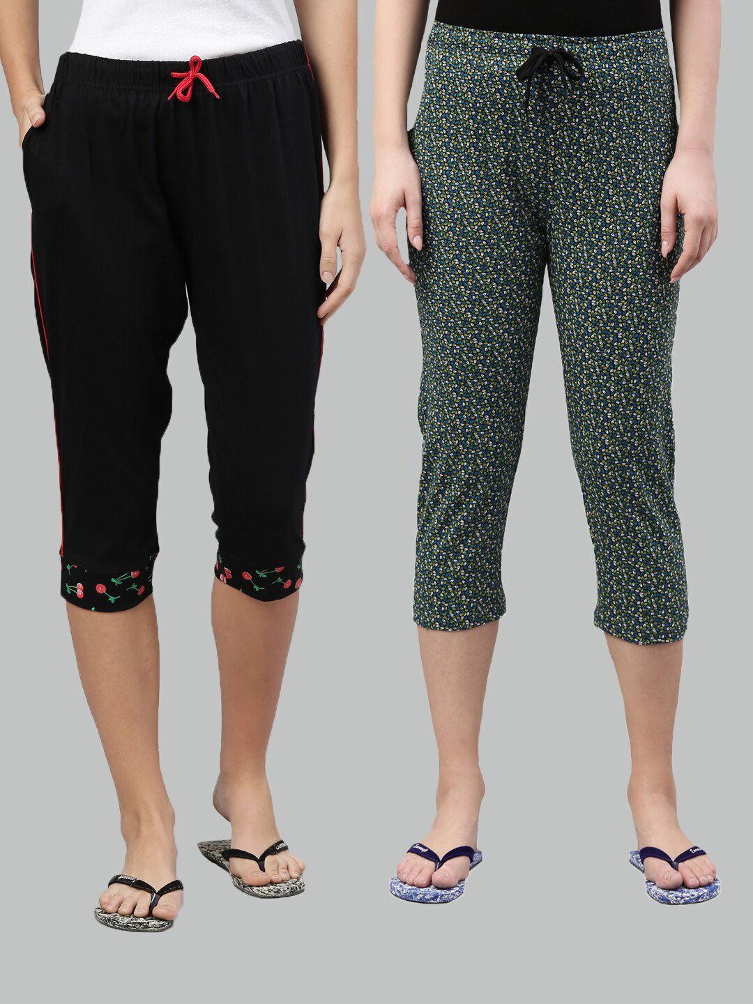 Kryptic Women Pack Of 2 Black & Green Printed Cotton Lounge Capris Price in India