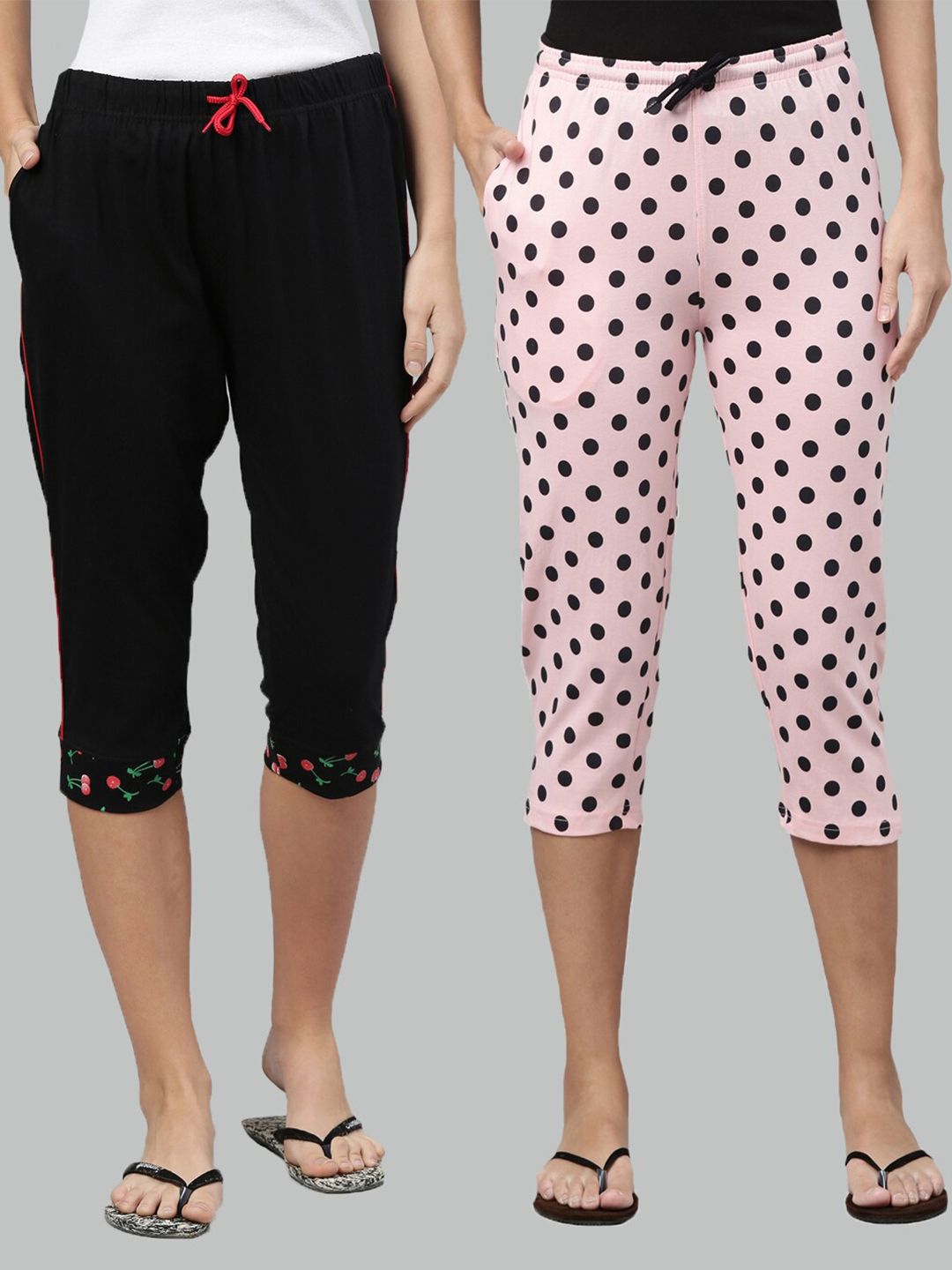 Kryptic Women Set Of 2 Black & Pink Regular Fit Printed Cotton Lounge Capris Price in India