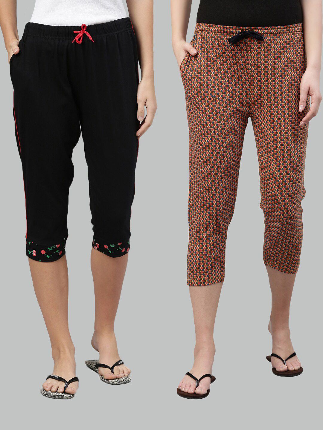 Kryptic Women Pack of 2 Black & Brown Printed Pure Cotton Lounge Capris Price in India