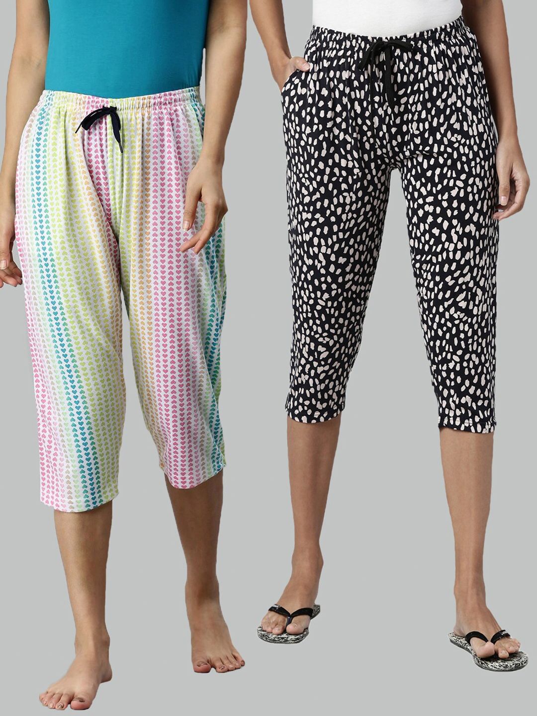 Kryptic Women Set Of 2 Multicoloured Regular Fit Printed Cotton Lounge Capris Price in India