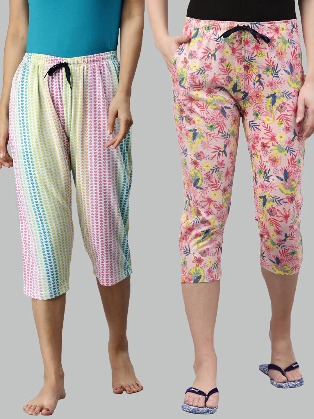 Kryptic Women Set Of 2 Multicoloured Regular Fit Printed Cotton Lounge Capris Price in India