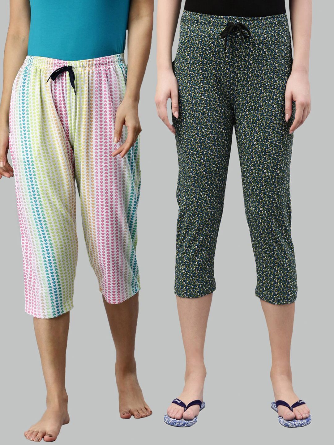 Kryptic Women Pack of 2 Green & Blue Printed Pure Cotton Lounge Capris Price in India