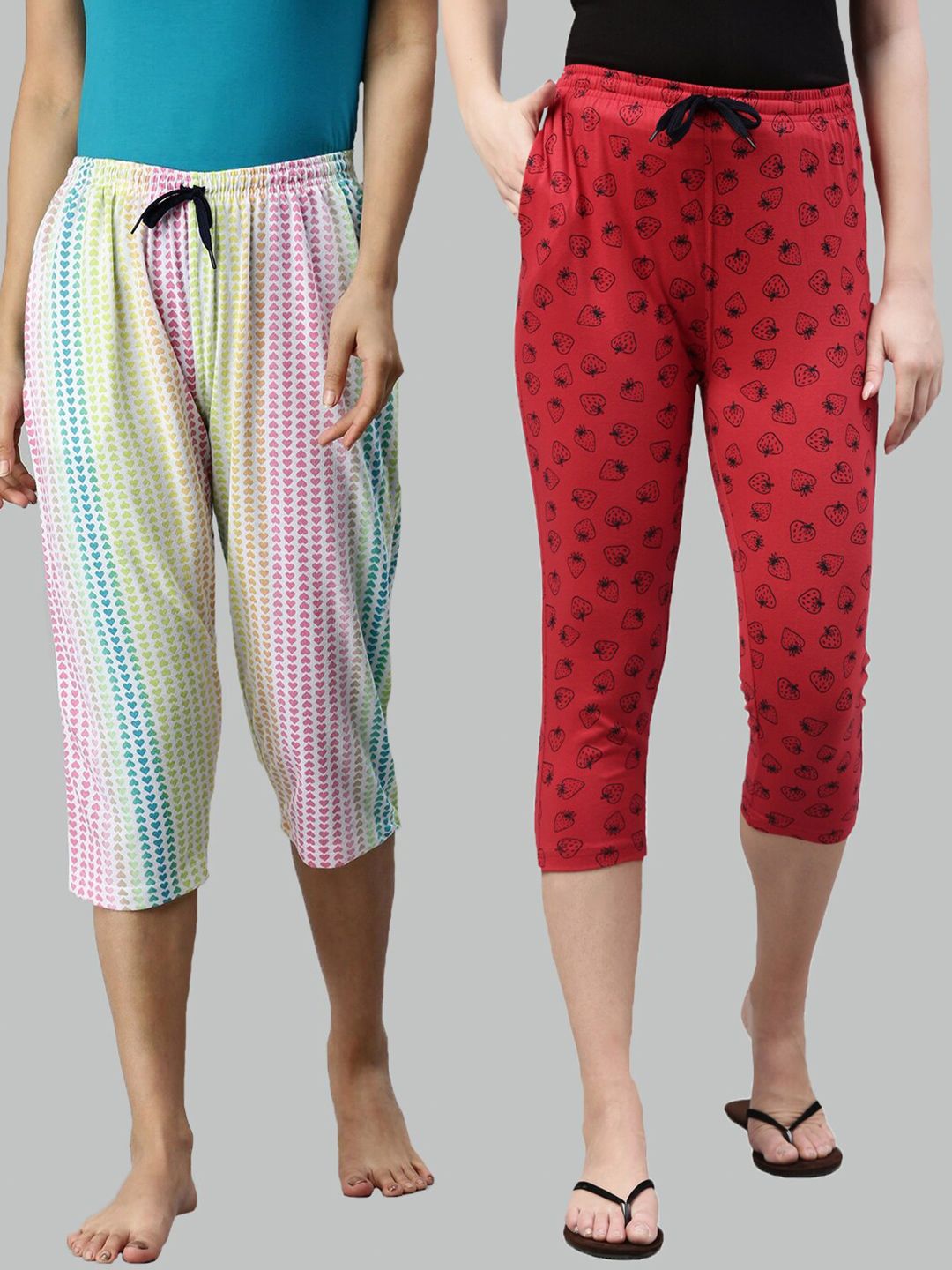 Kryptic Women Set Of 2 Multicoloured Regular Fit Printed Cotton Lounge Capris Price in India