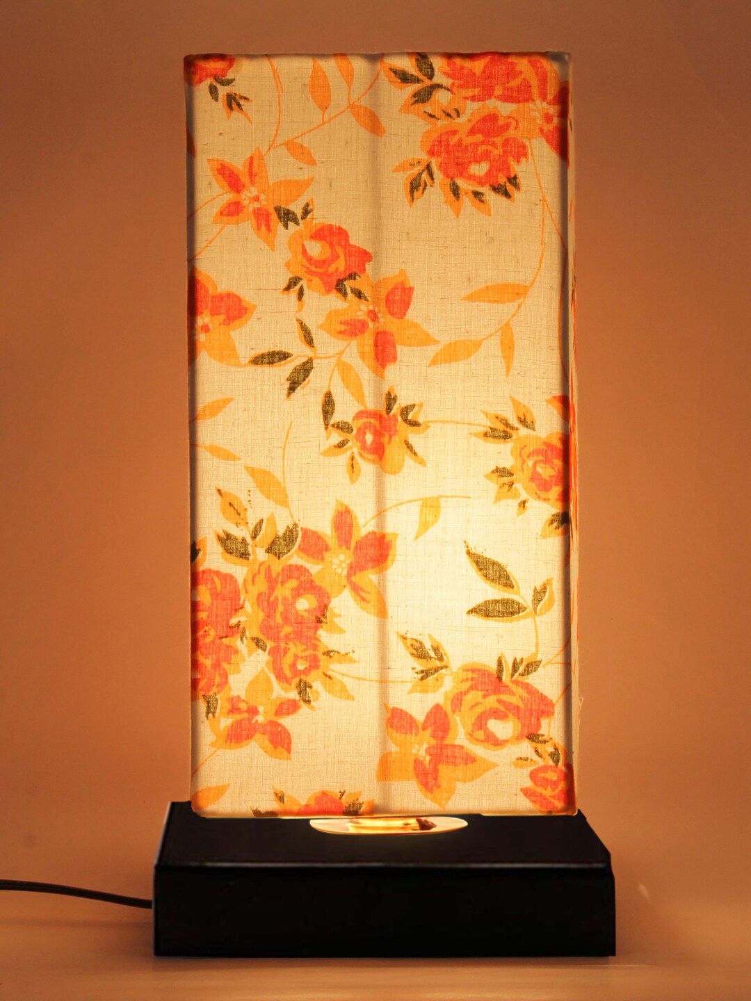 Devansh White &  Orange Printed Cotton Shade Table Lamp Price in India