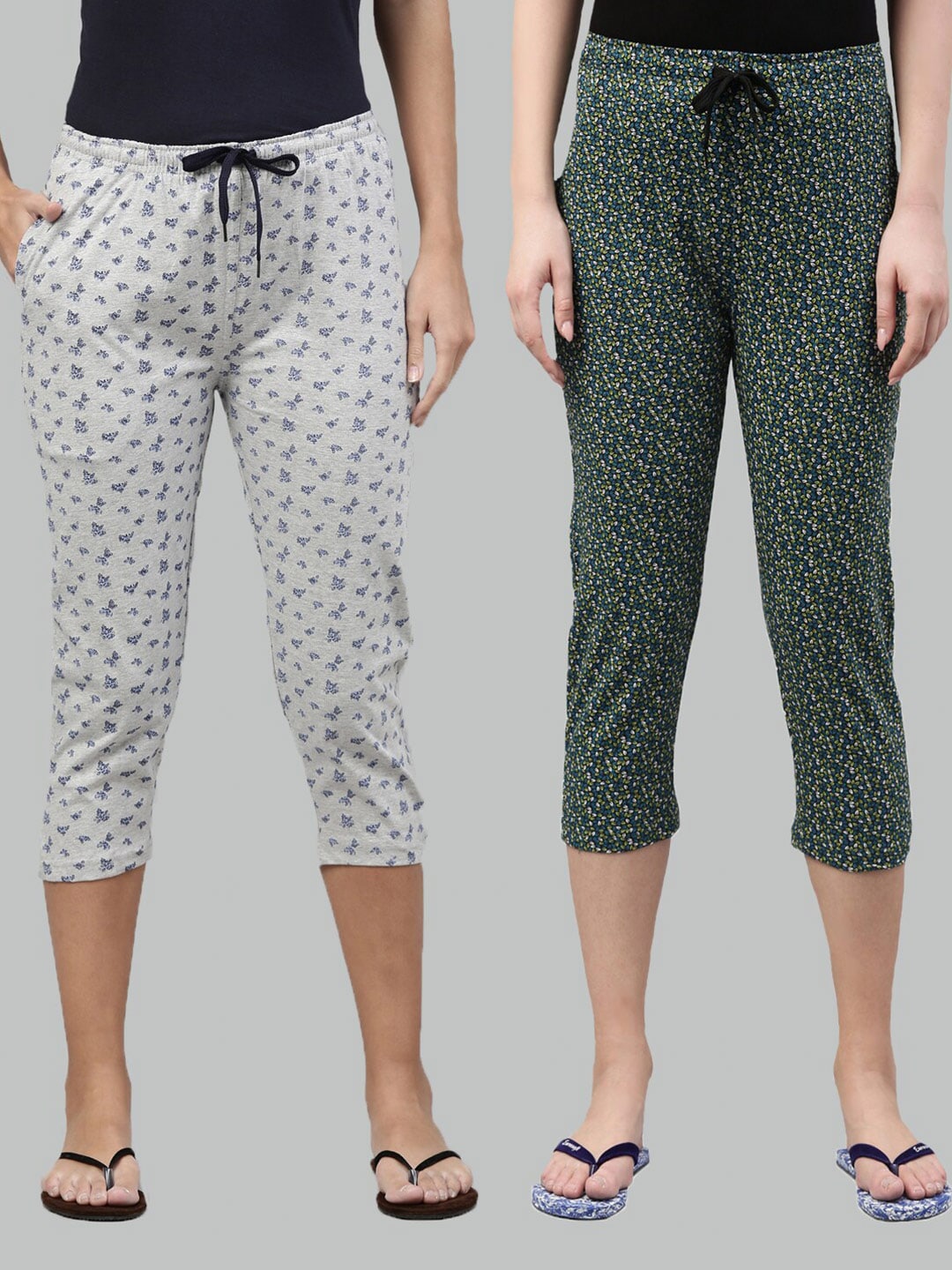 Kryptic Women Pack of 2 Grey Melange & Green Printed Pure Cotton Lounge Capris Price in India