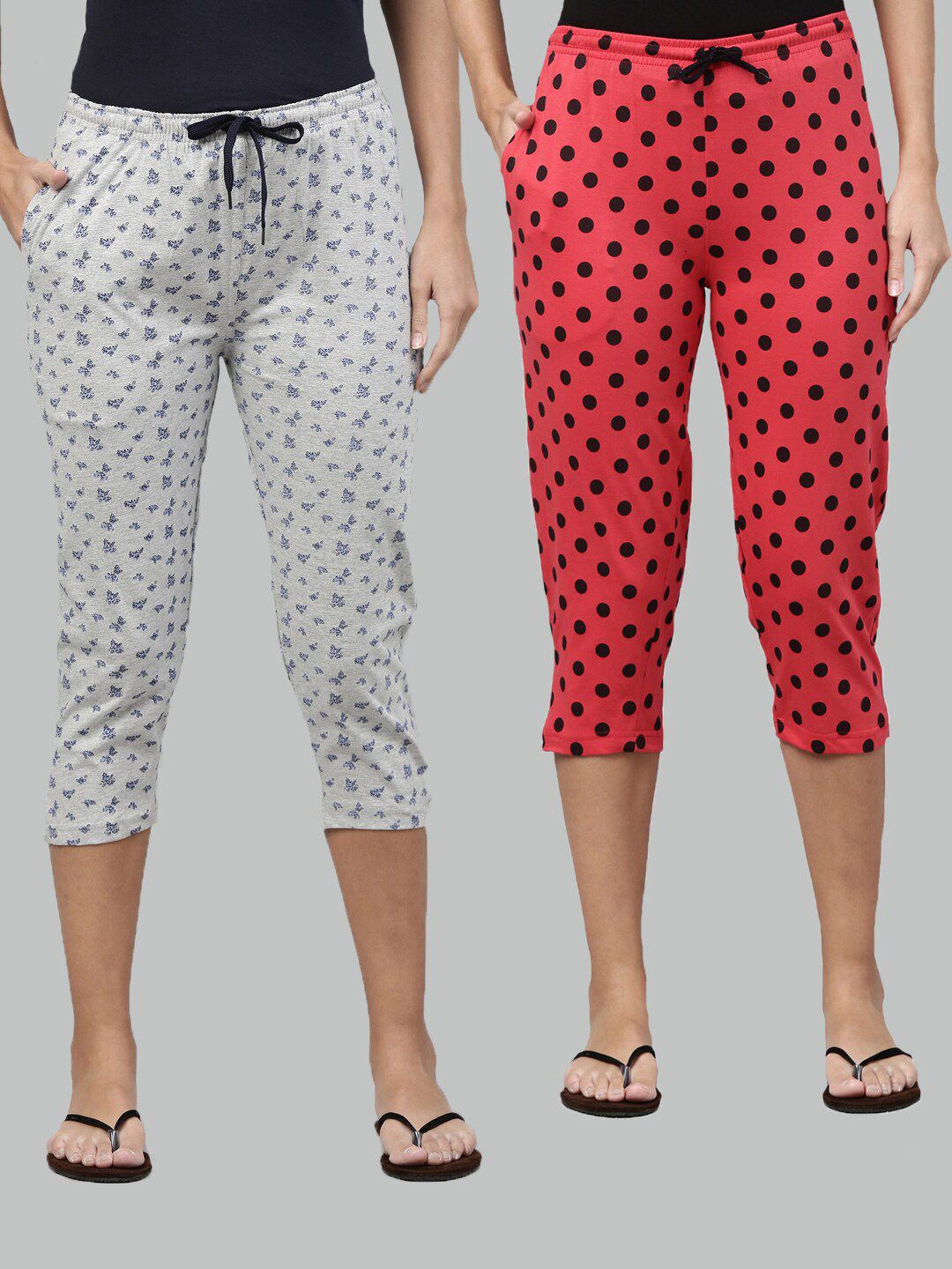 Kryptic Women Pack of 2 Grey Melange & Coral Pink Printed Pure Cotton Lounge Capris Price in India