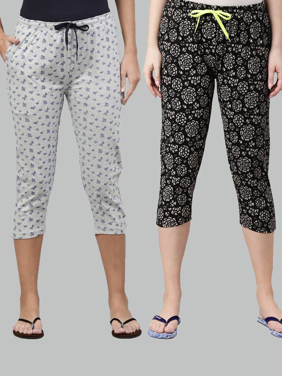 Kryptic Women Grey & Black Set Of 2 Printed Cotton Lounge Capris Price in India