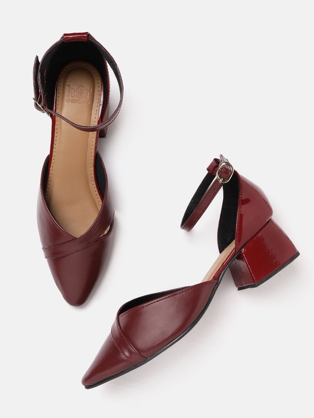 her by invictus Burgundy Solid Mid-Top Block Mules with Cut-Out Detail Price in India