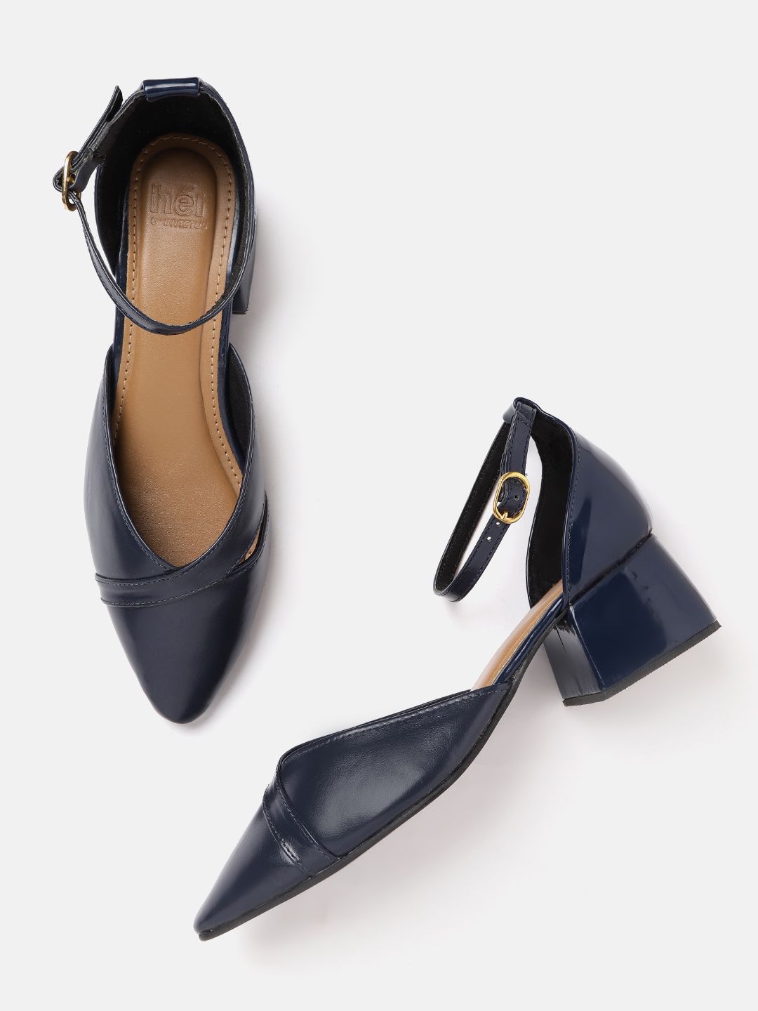 her by invictus Navy Blue Solid Block Mules with Cut-Out Detail Price in India