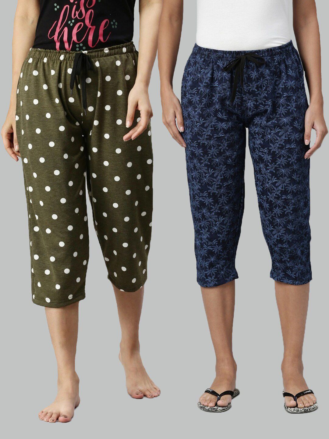 Kryptic Women Green & Blue Pack Of 2 Printed Lounge Pure Cotton Capris Price in India