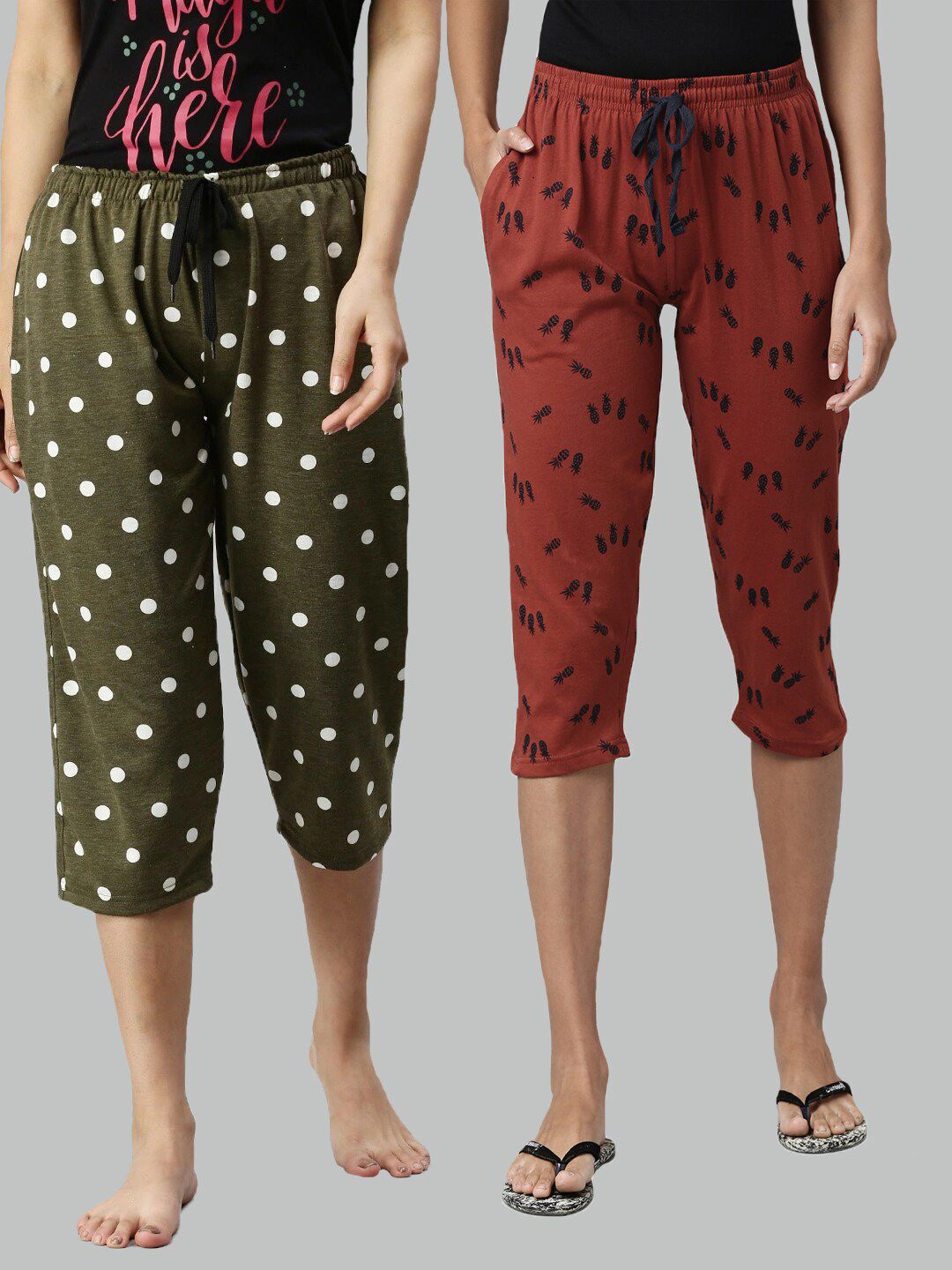 Kryptic Women Olive & Rust Red Set Of 2 Printed Cotton Lounge Capris Price in India