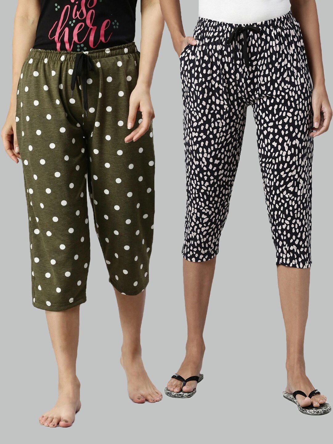 Kryptic Women Set Of 2 Green & Black Regular Fit Printed Cotton Lounge Capris Price in India