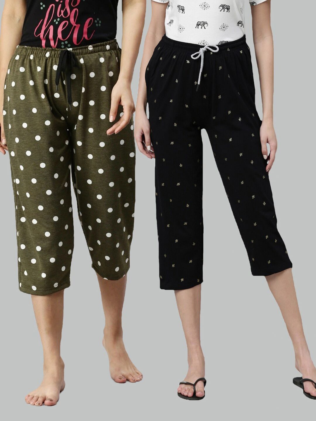 Kryptic Women Green & Black Pack Of 2 Printed Lounge Pure Cotton Capris Price in India