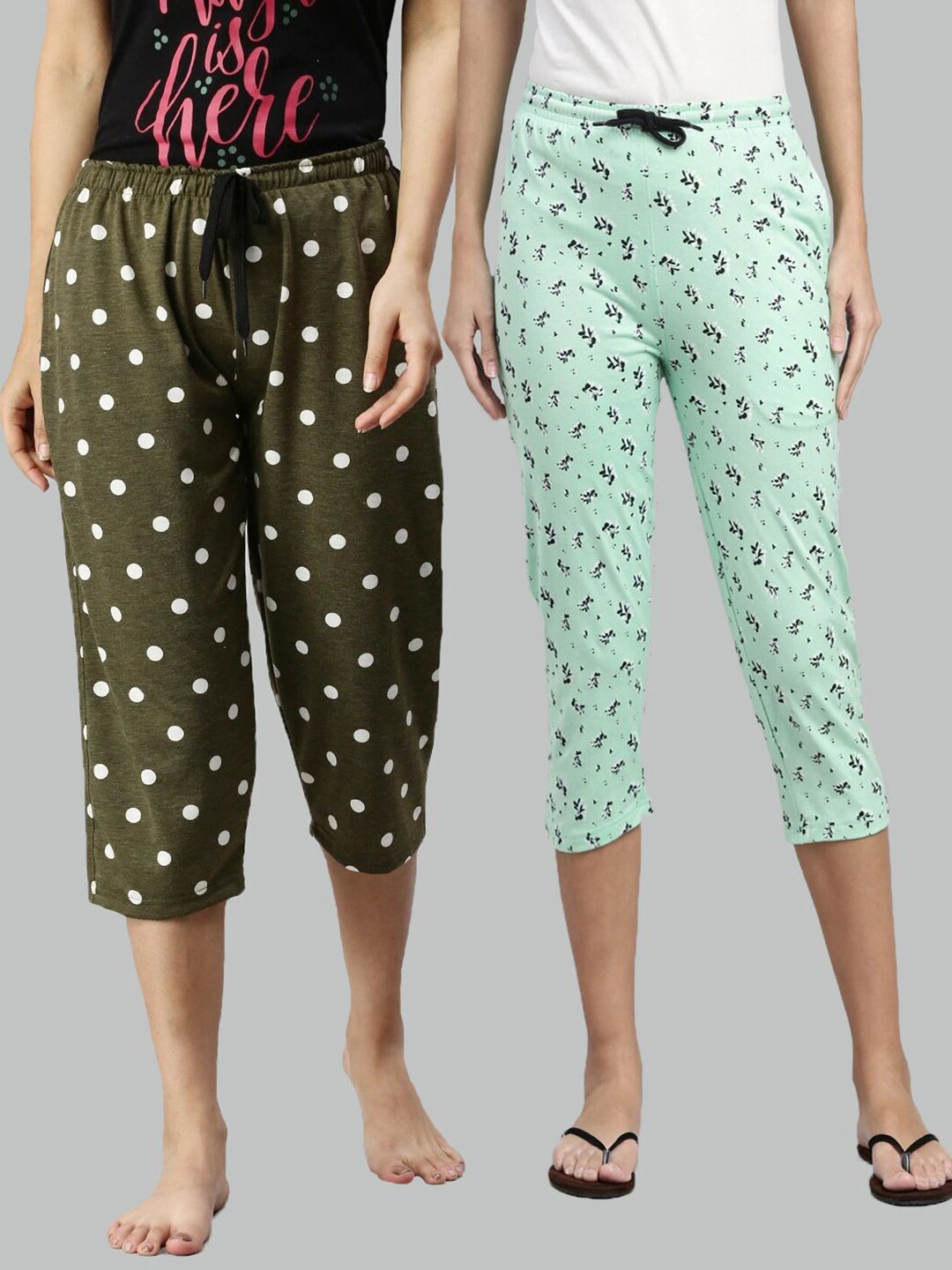 Kryptic Women Pack Of 2 Green & White Printed Cotton Lounge Capris Price in India