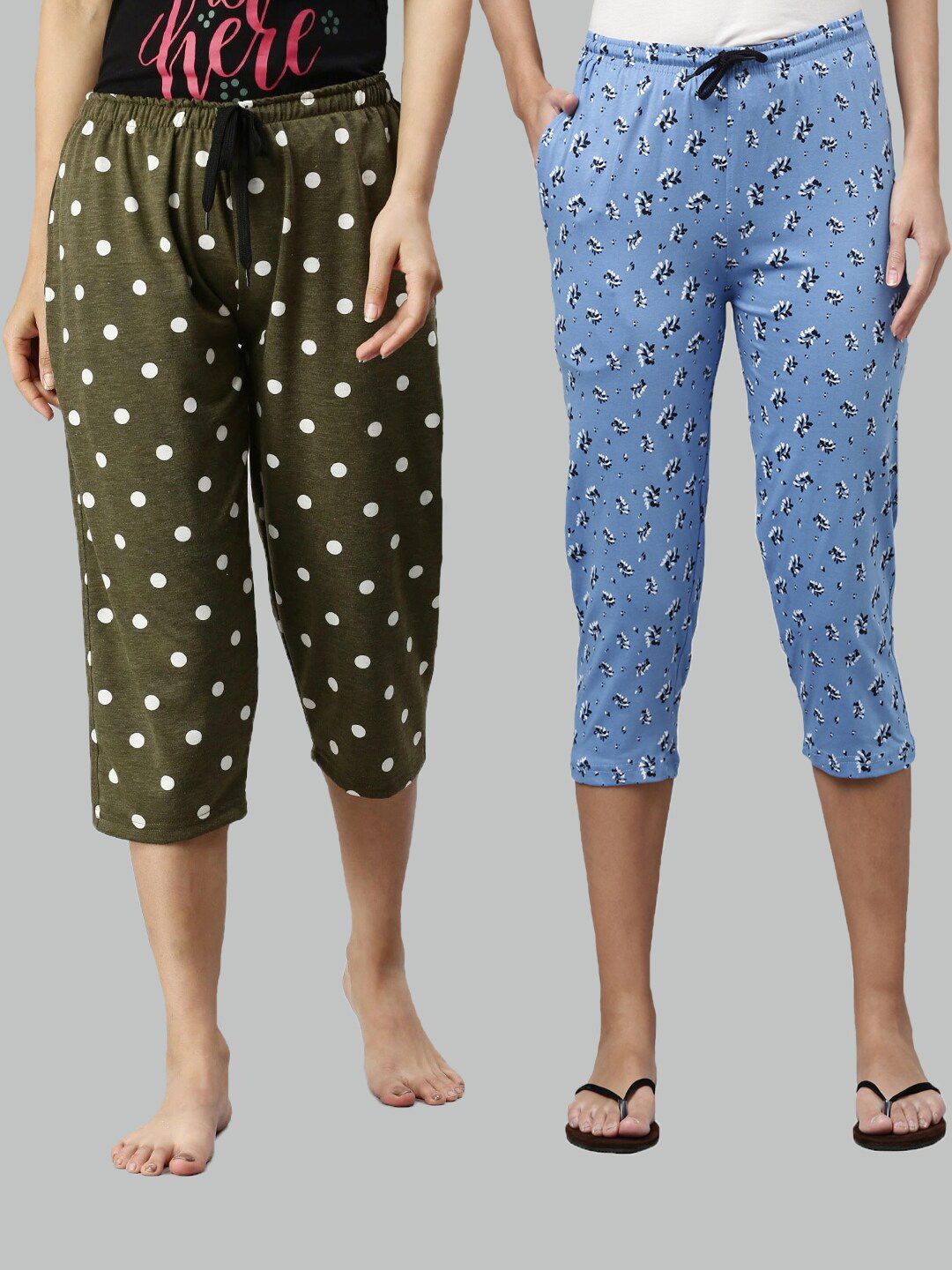 Kryptic Women Pack of 2 Green & Blue Printed Pure Cotton Lounge Capris Price in India