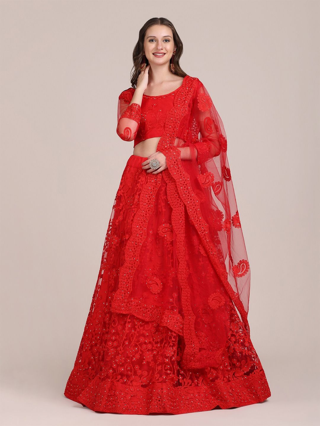 Warthy Ent Red Embroidered Semi-Stitched Lehenga & Unstitched Blouse With Dupatta Price in India