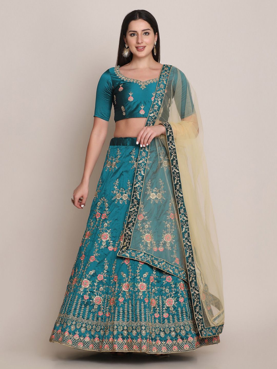 Warthy Ent Women Teal & Gold Embroidered Semi-Stitched Lehenga Unstitched Choli & Dupatta Price in India