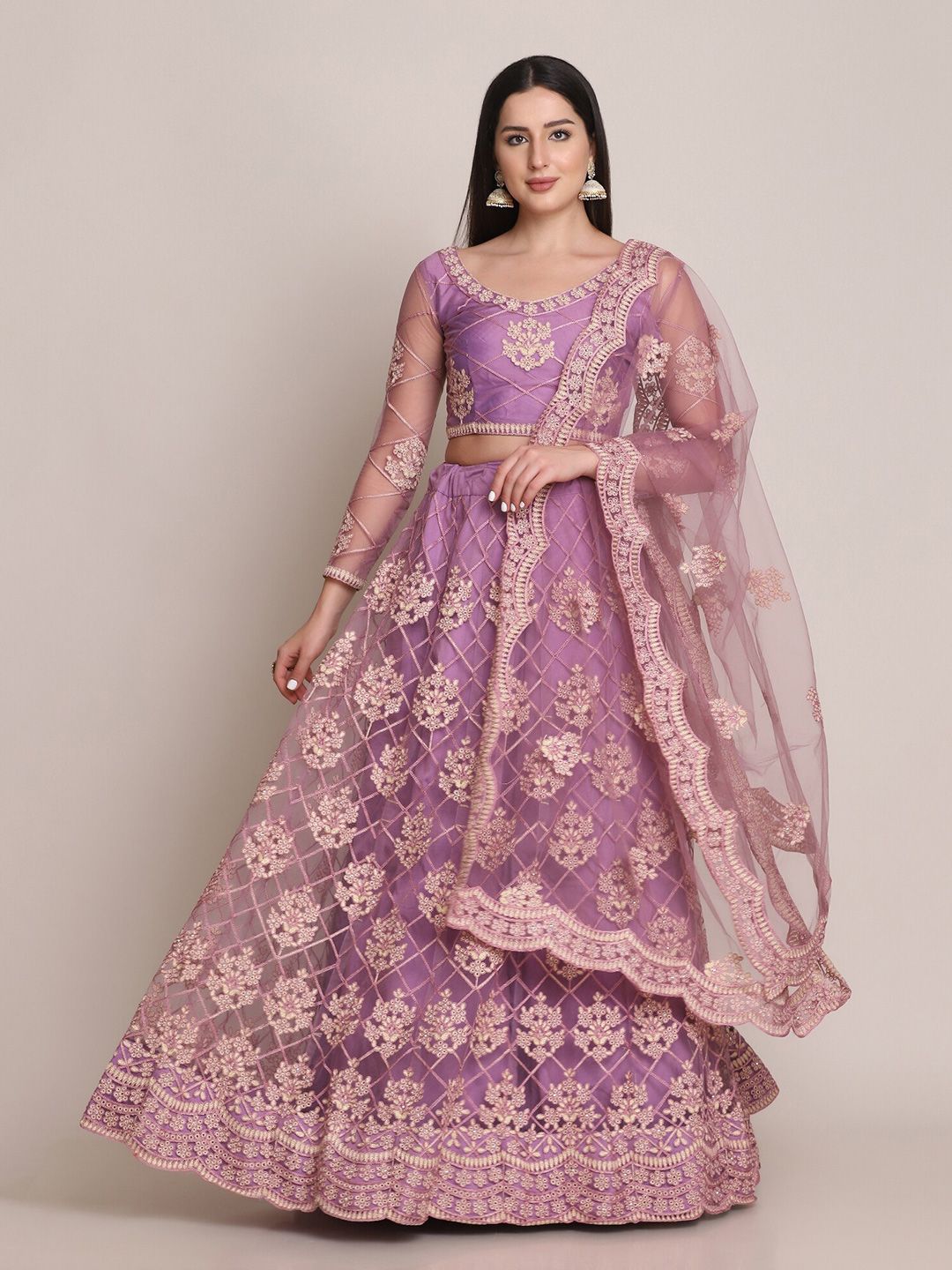 Warthy Ent Lavender & Beige Embroidered Semi-Stitched Lehenga & Unstitched Blouse With Dupatta Price in India
