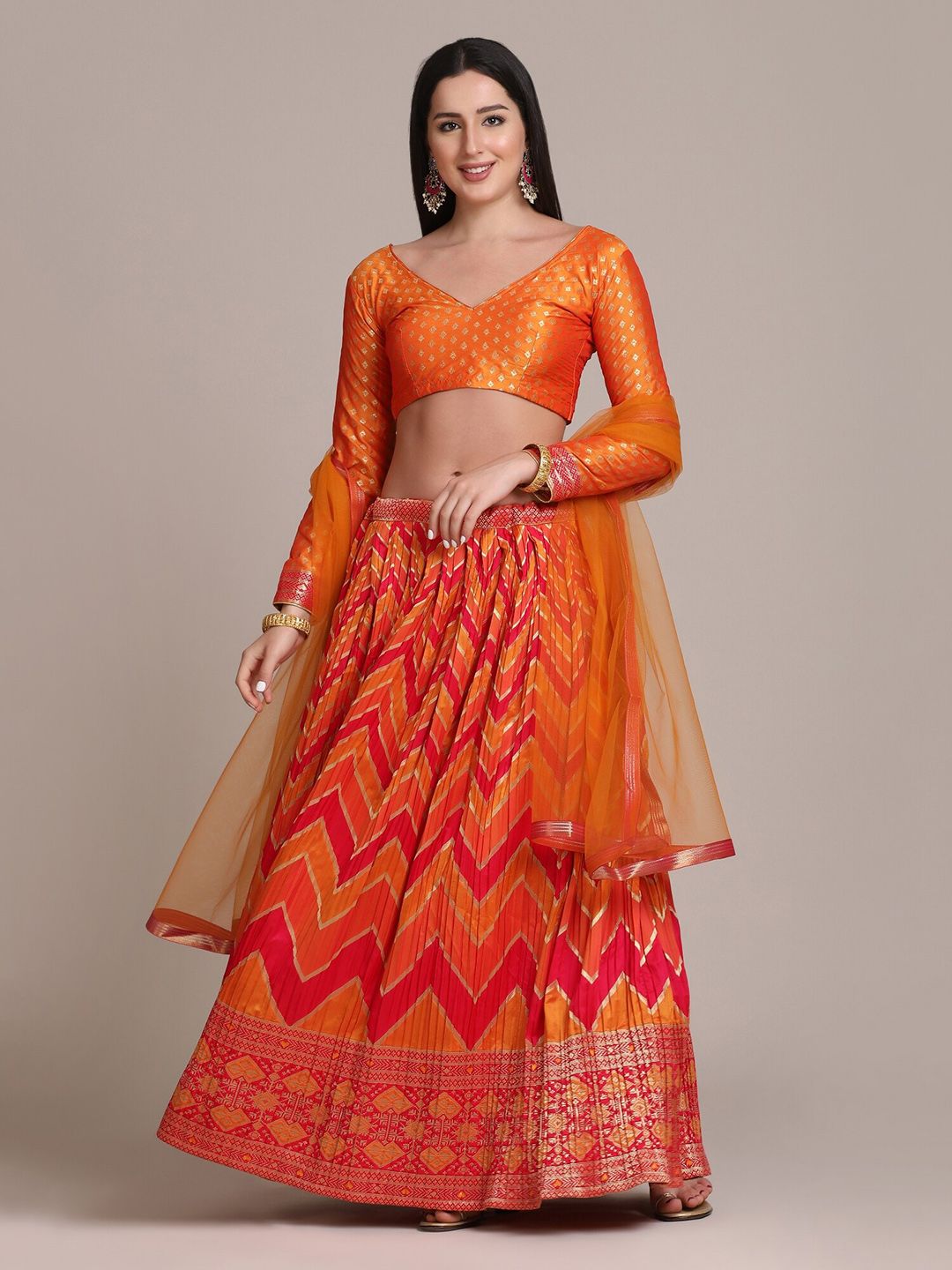 Warthy Ent Orange & Gold-Toned Semi-Stitched Lehenga & Unstitched Blouse With Dupatta Price in India