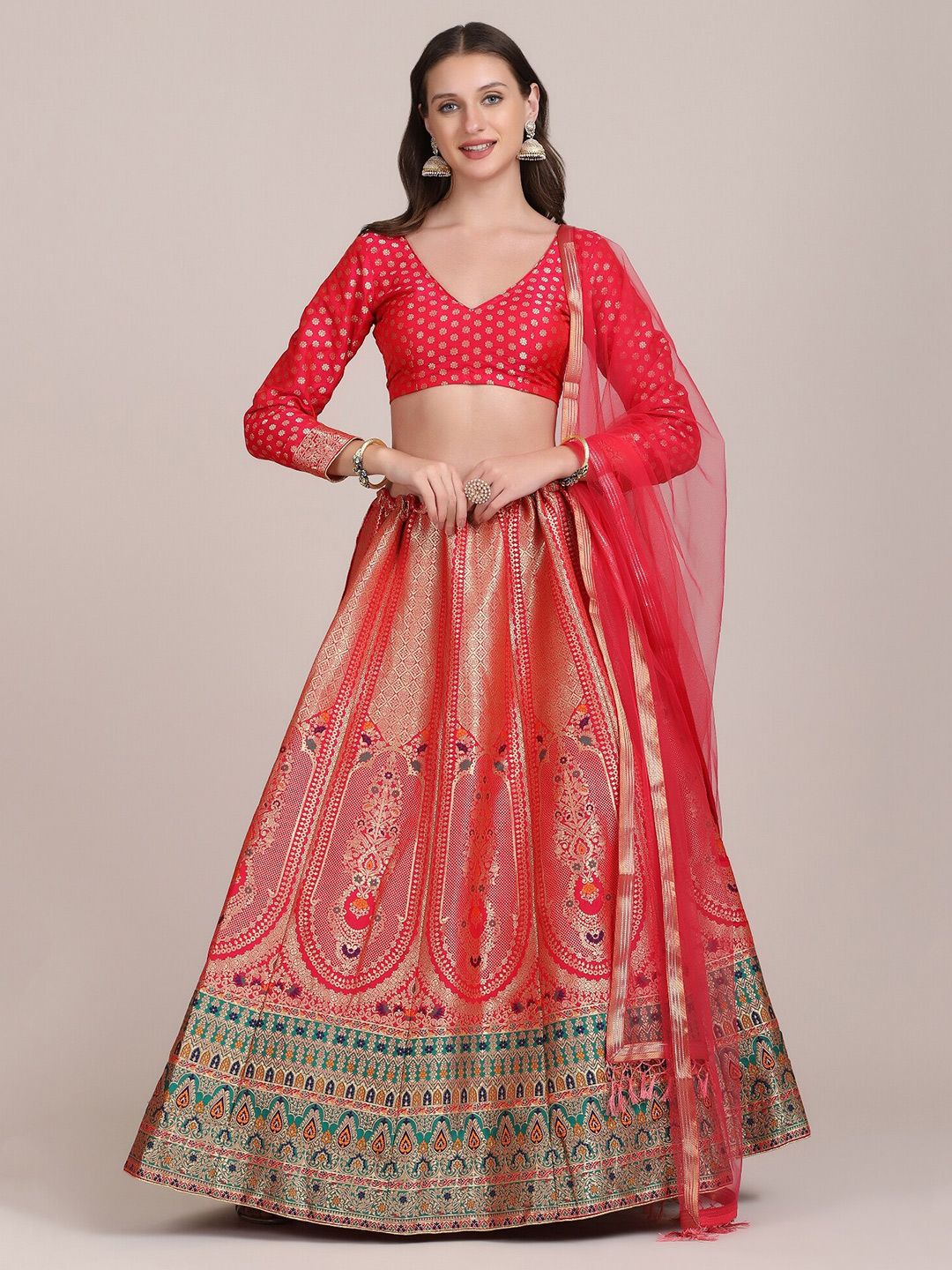 Warthy Ent Red & Green Printed Semi-Stitched Lehenga & Unstitched Blouse With Dupatta Price in India