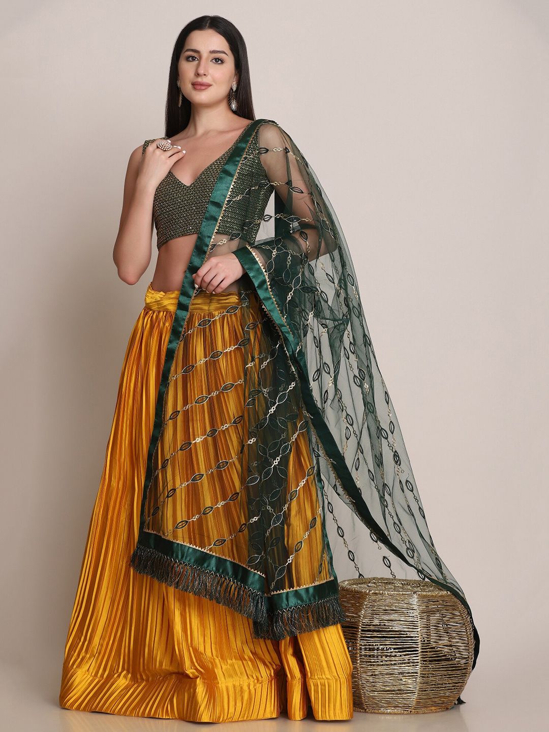 Warthy Ent Yellow & Green Embroidered Semi-Stitched Lehenga & Unstitched Blouse With Dupatta Price in India