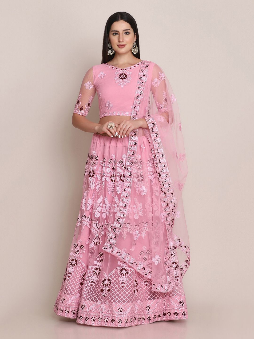 Warthy Ent Pink & White Embroidered Semi-Stitched Lehenga & Unstitched Blouse With Dupatta Price in India