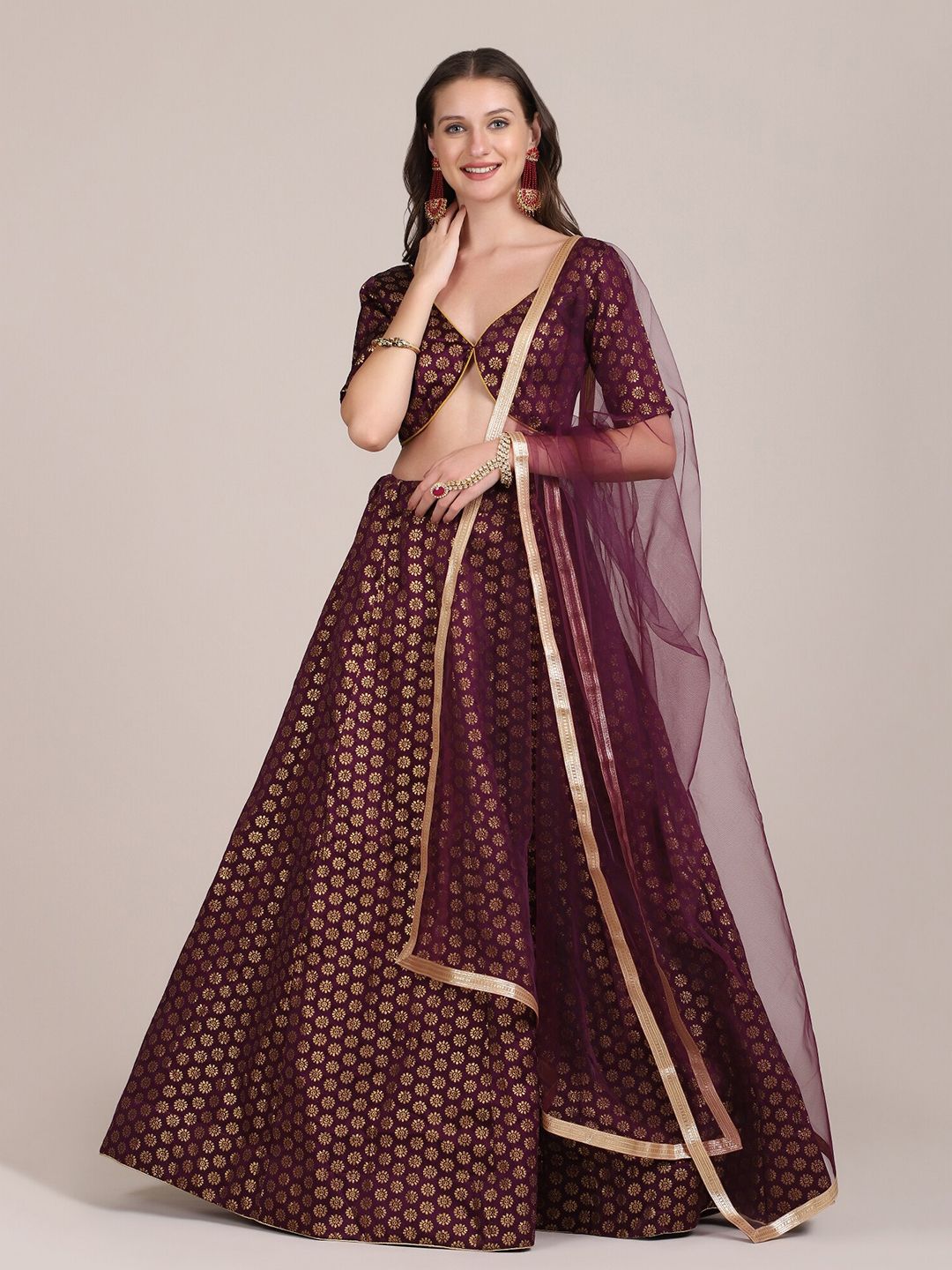 Warthy Ent Purple & Gold-Toned Semi-Stitched Lehenga & Unstitched Blouse With Dupatta Price in India