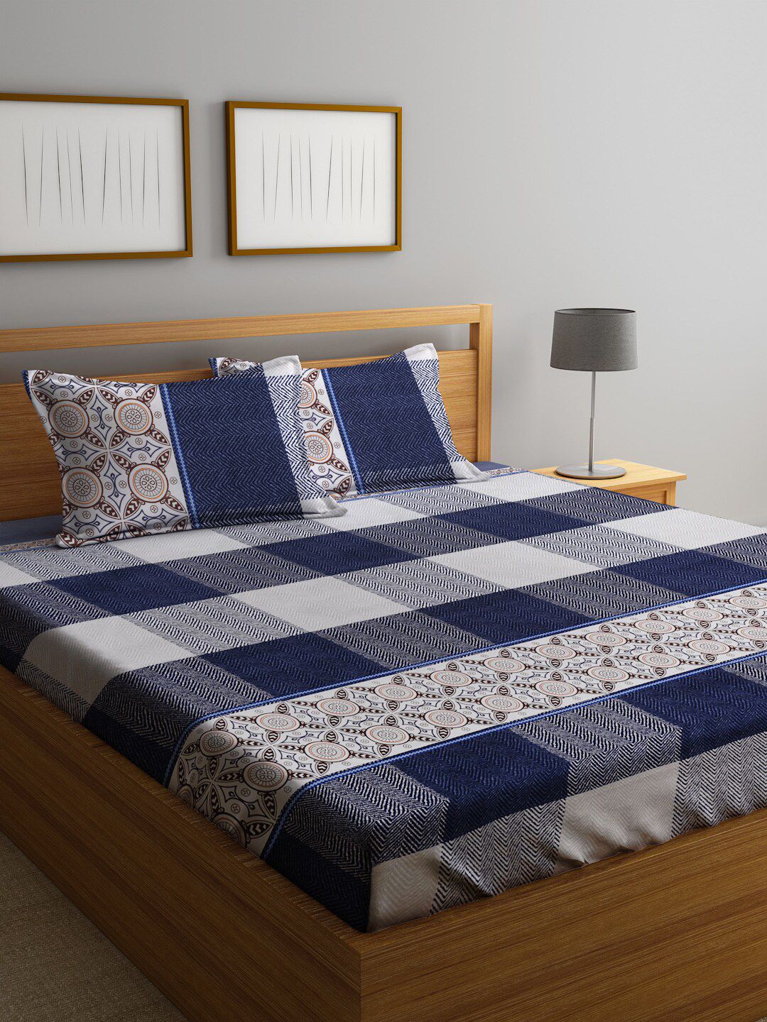 Home Sizzler Blue & White 210 TC Queen Geometric Cotton Bedsheet with 2 Pillow Covers Price in India