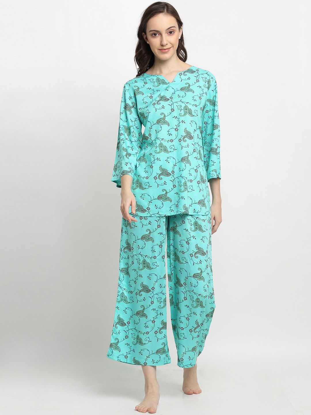 Katn India Women Turquoise Blue & Green Printed Night suit Price in India