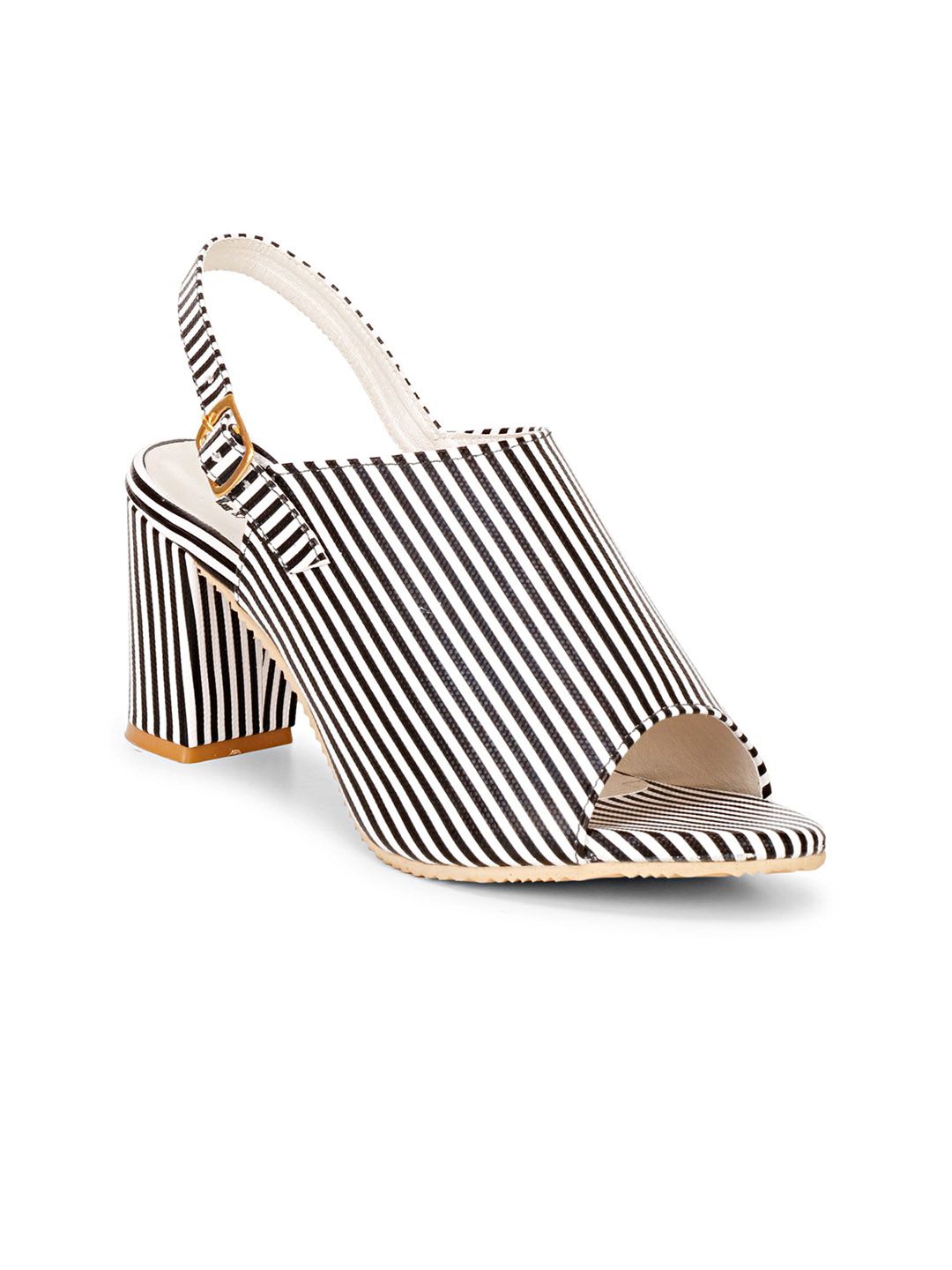 Misto Women Black Striped Block Heels Peep Toes Price in India