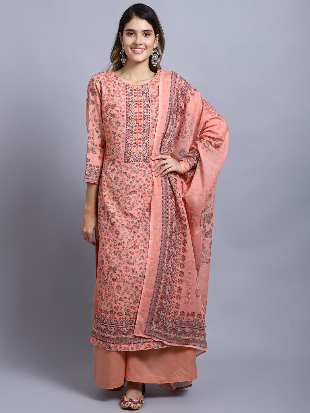 Stylee LIFESTYLE Peach-Coloured & Grey Printed Unstitched Dress Material Price in India