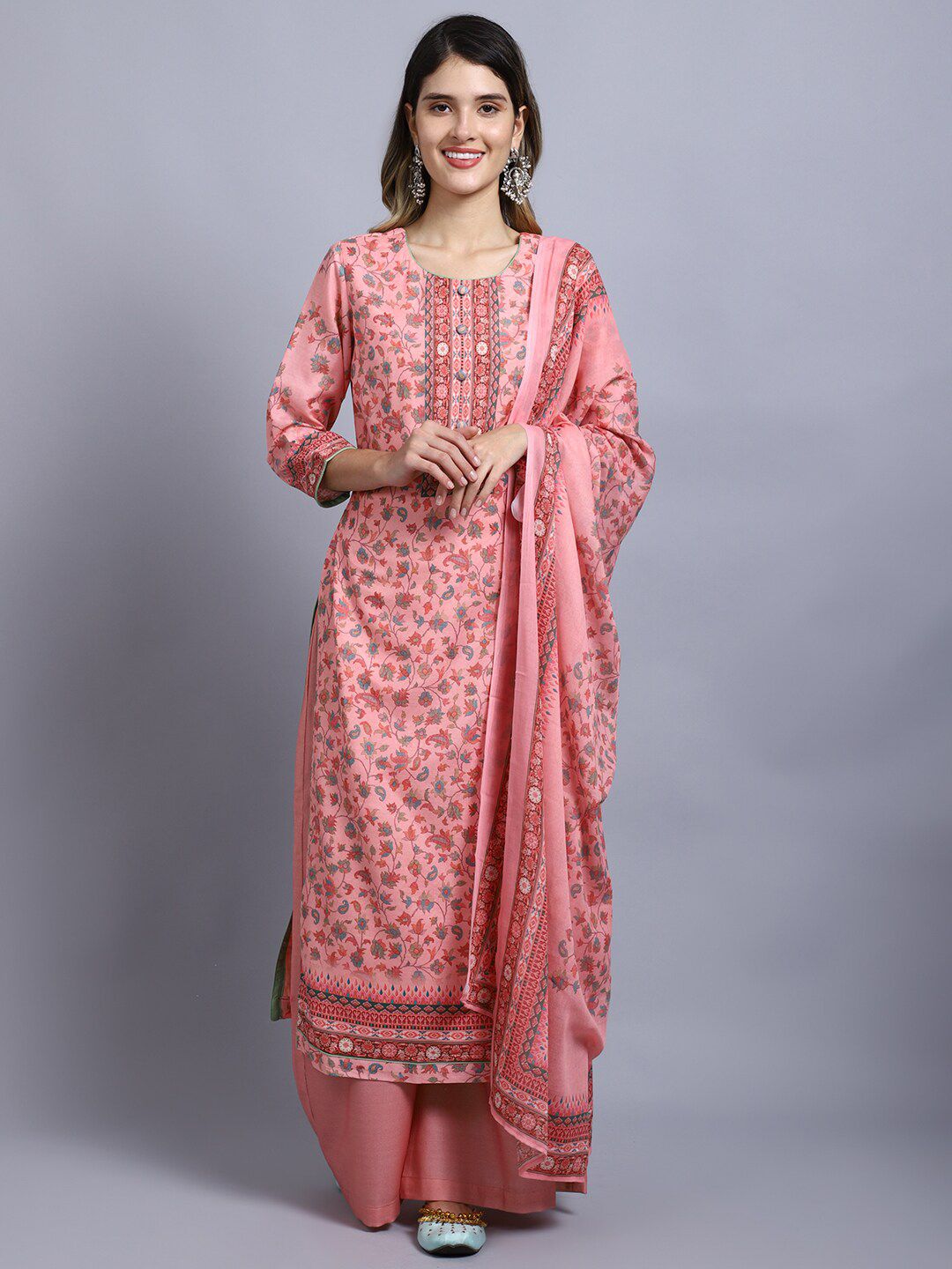 Stylee LIFESTYLE Pink & Blue Printed Cotton Blend Unstitched Dress Material Price in India