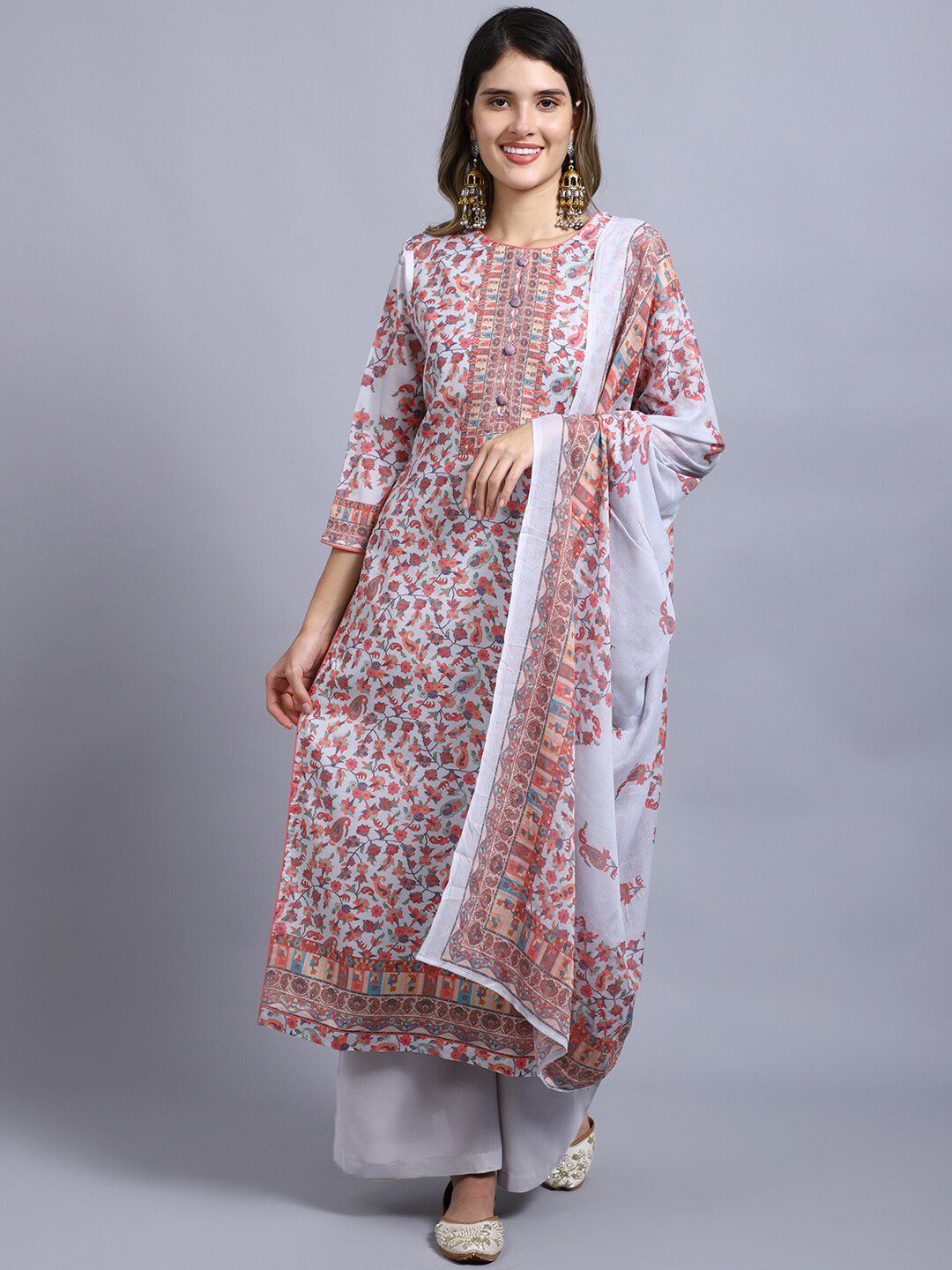 Stylee LIFESTYLE Grey & Orange Printed Unstitched Dress Material Price in India