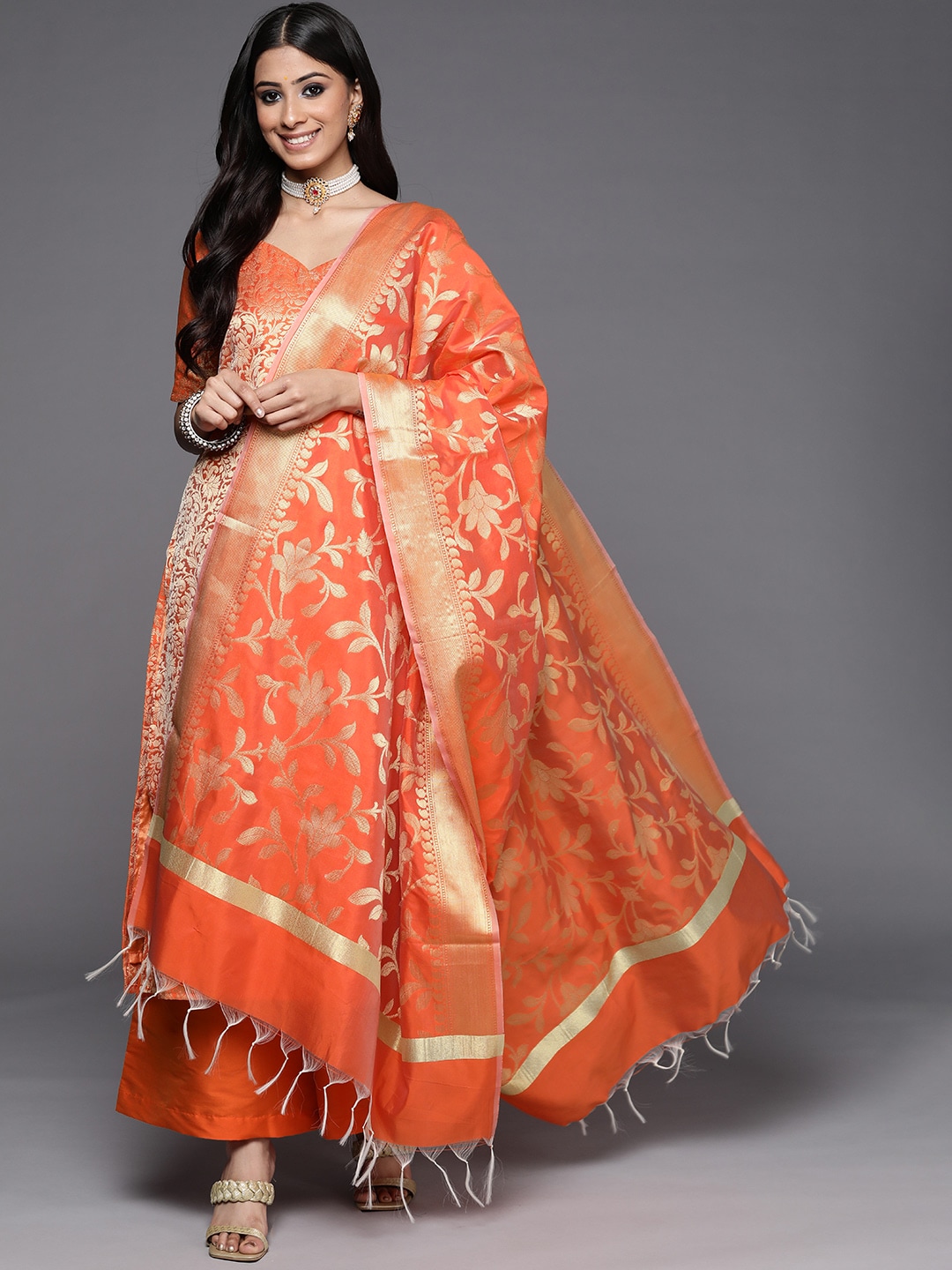 Inddus Orange & Gold-Toned Unstitched Dress Material Price in India