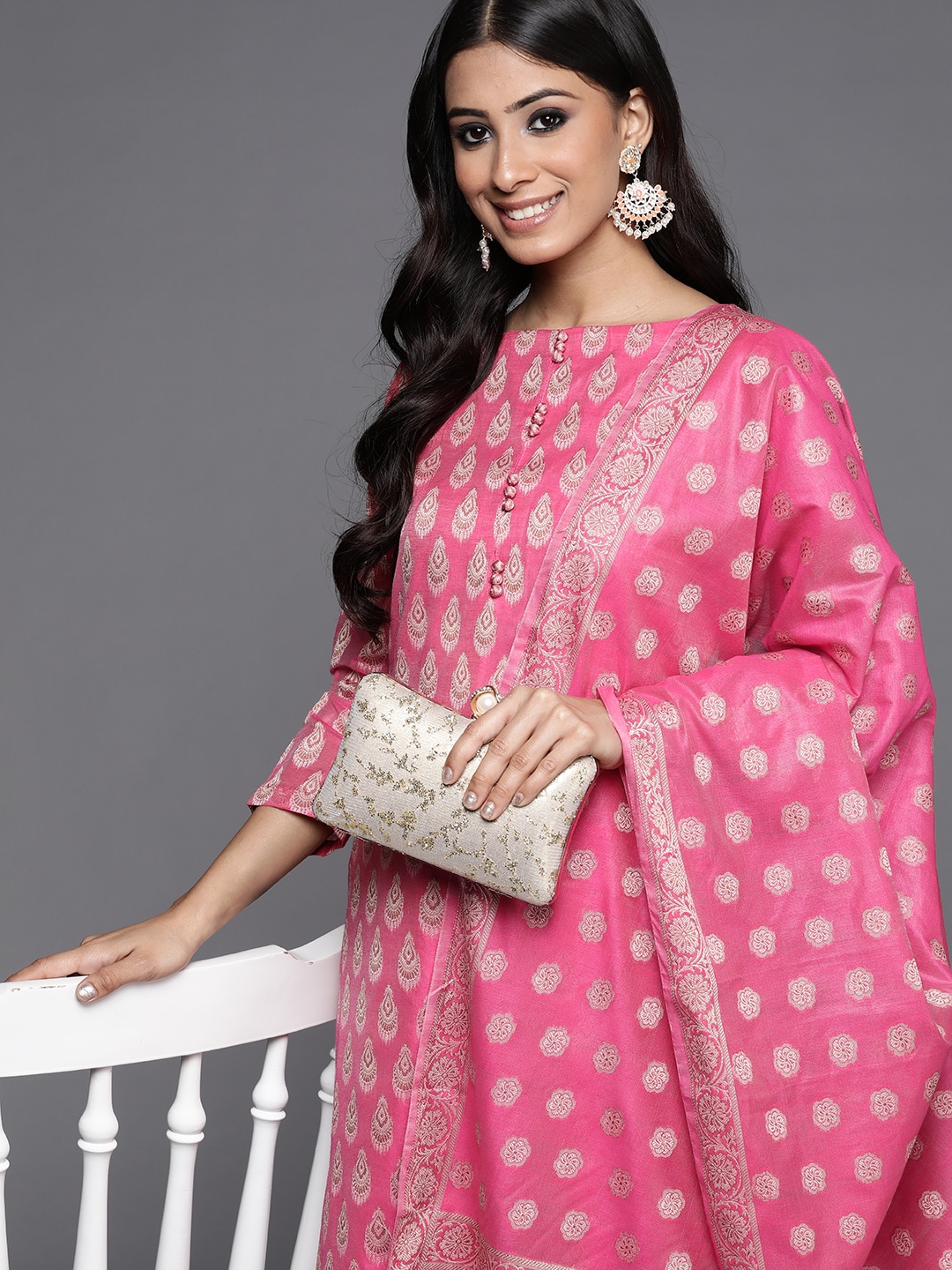 Inddus Pink Woven Design Banarasi Cotton Unstitched Dress Material Price in India