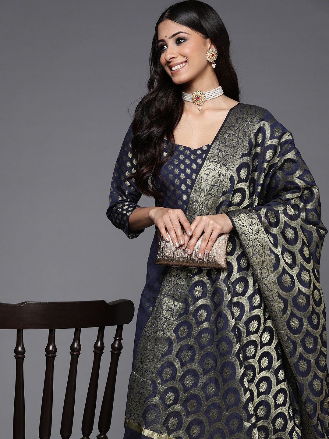 Inddus Navy Blue & Gold-Toned Chanderi Cotton Printed Unstitched Dress Material Price in India