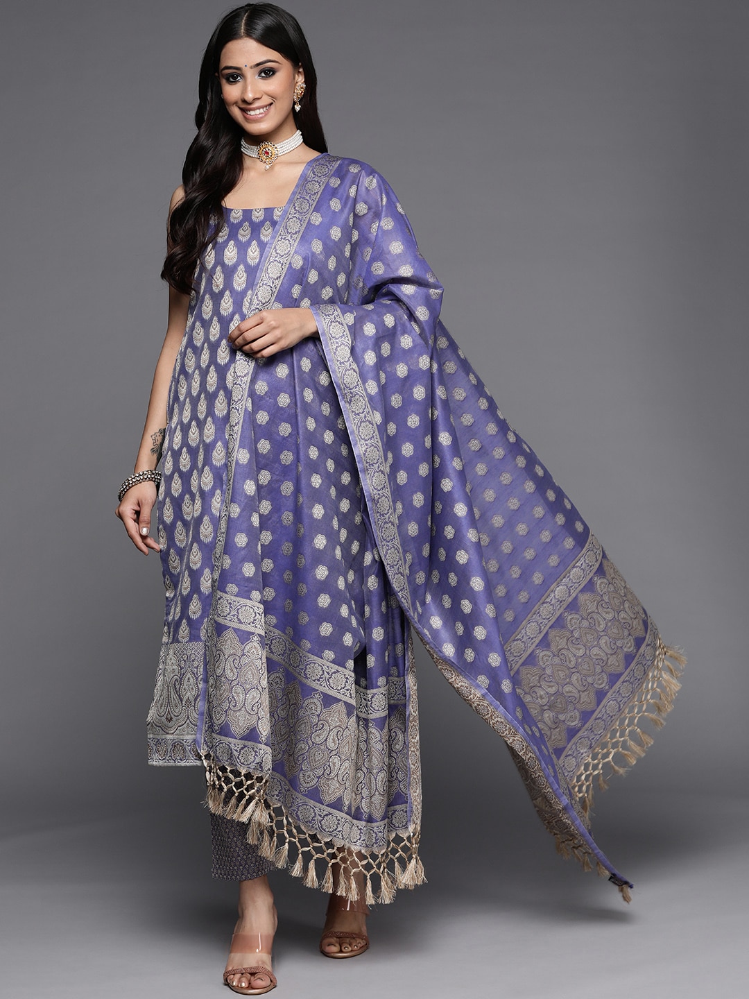 Inddus Lavender & Gold-Toned Banarasi Cotton Unstitched Dress Material Price in India