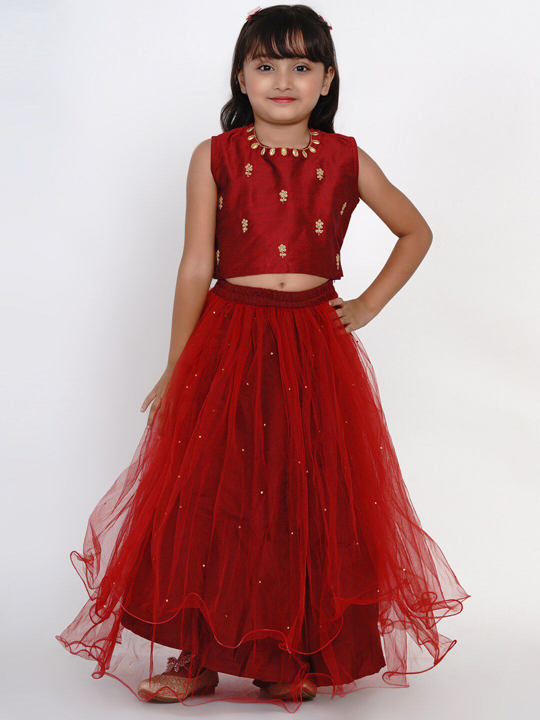 Bitiya by Bhama Girls Maroon & Gold-Toned Embroidered Ready to Wear Lehenga Choli